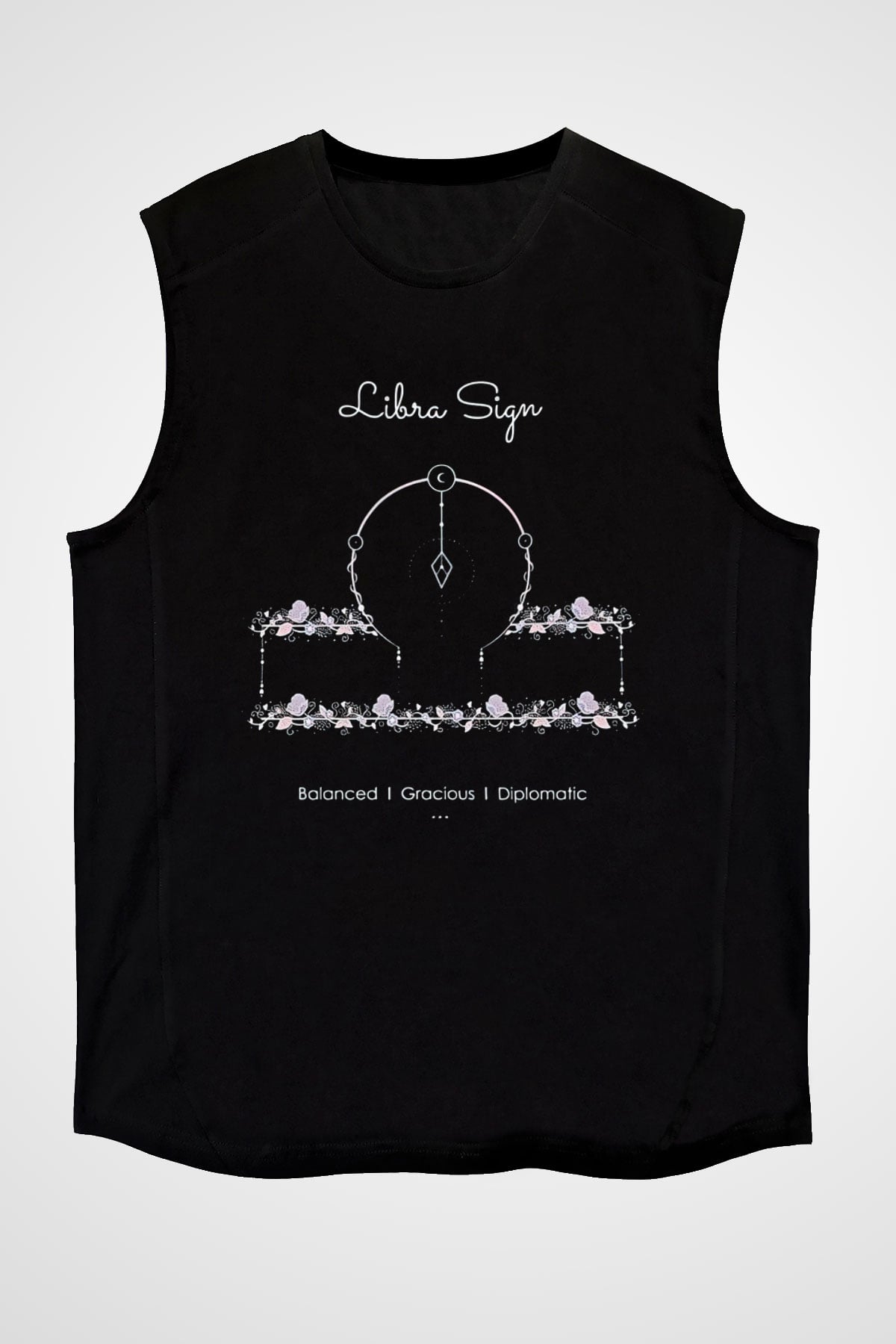 Terazi Burcu Baskılı Unisex Siyah Kolsuz Tişört - Tshirt