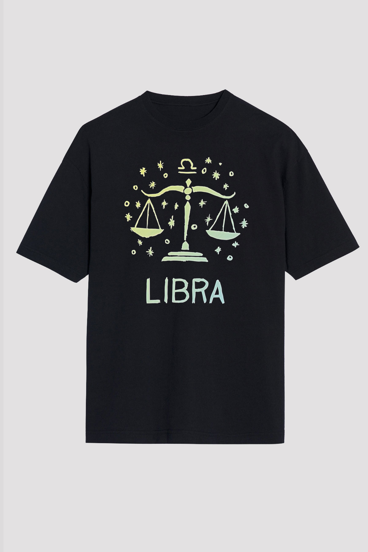 Terazi Burcu Baskılı Unisex Siyah Oversize Tişört - Tshirt
