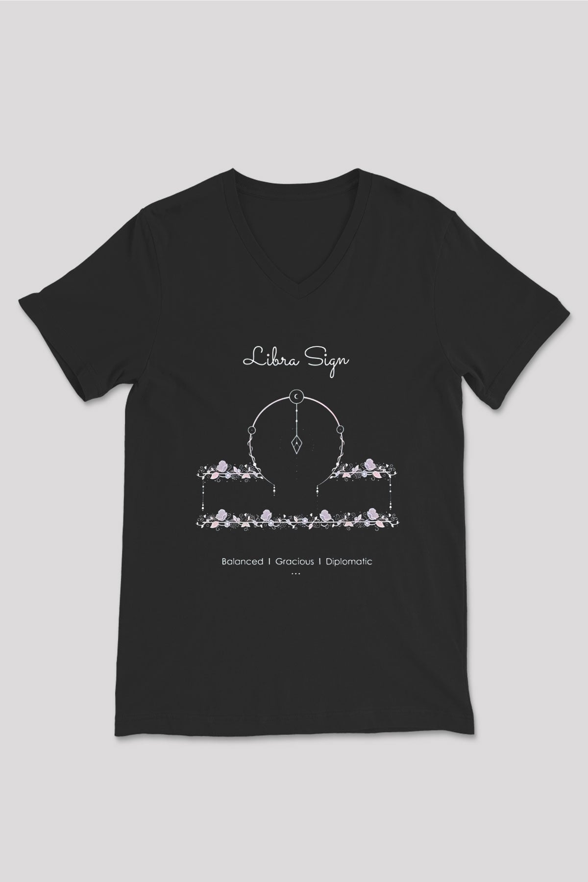 Terazi Burcu Baskılı Unisex Siyah V Yaka Tişört - Tshirt