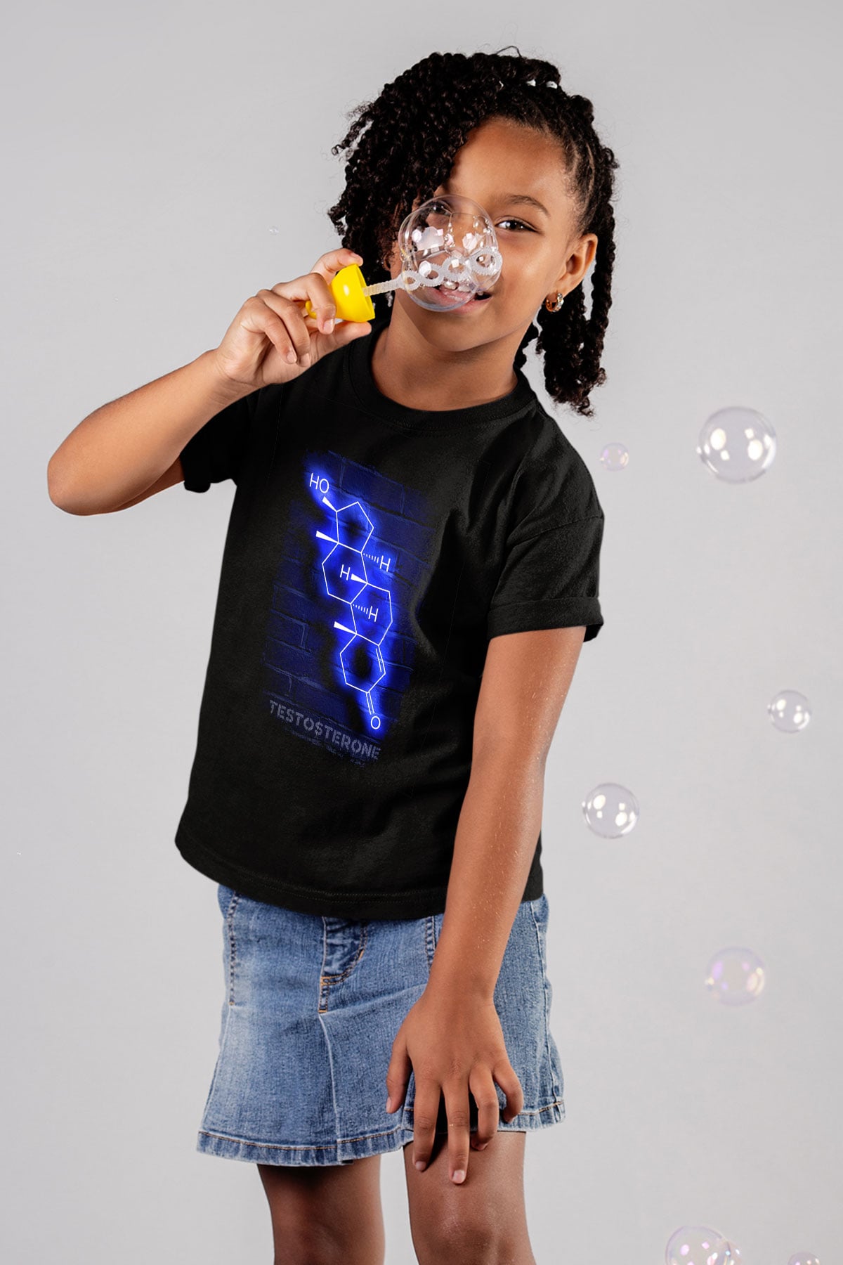 Testosteron Molekülü Neon Baskılı Unisex Siyah Çocuk Tişörtü - Tshirt