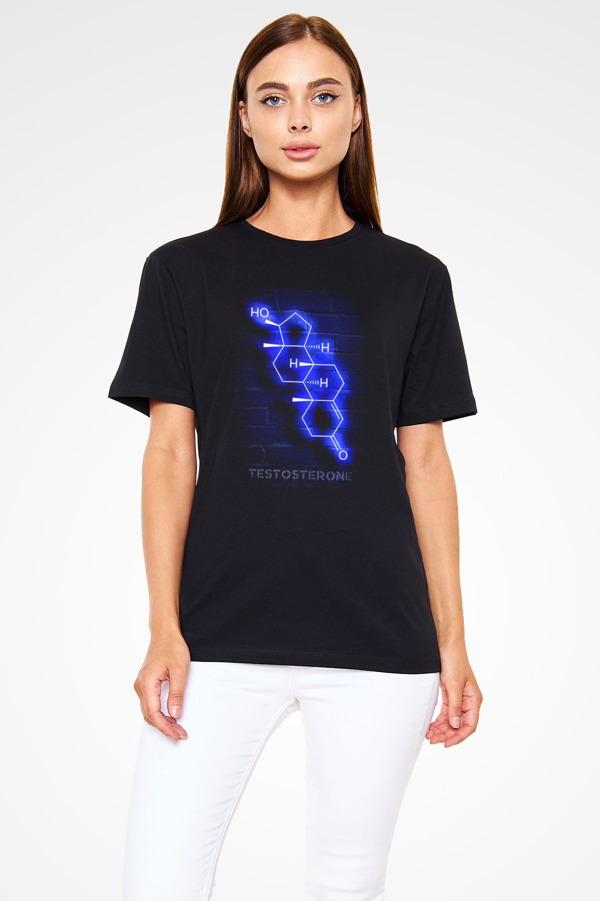 Testosteron Molekülü Neon Baskılı Unisex Siyah Tişört - Tshirt