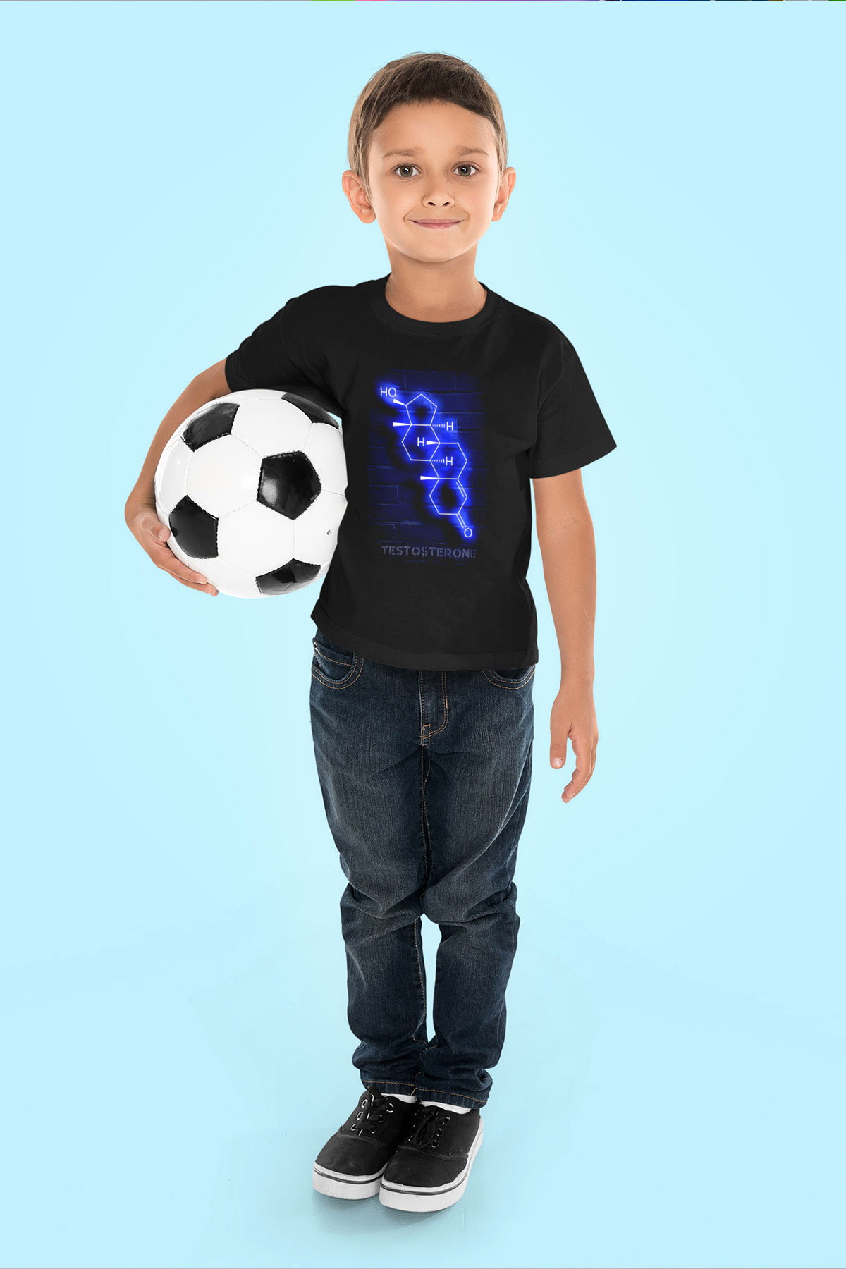 Testosteron Molekülü Neon Baskılı Unisex Siyah Çocuk Tişörtü - Tshirt