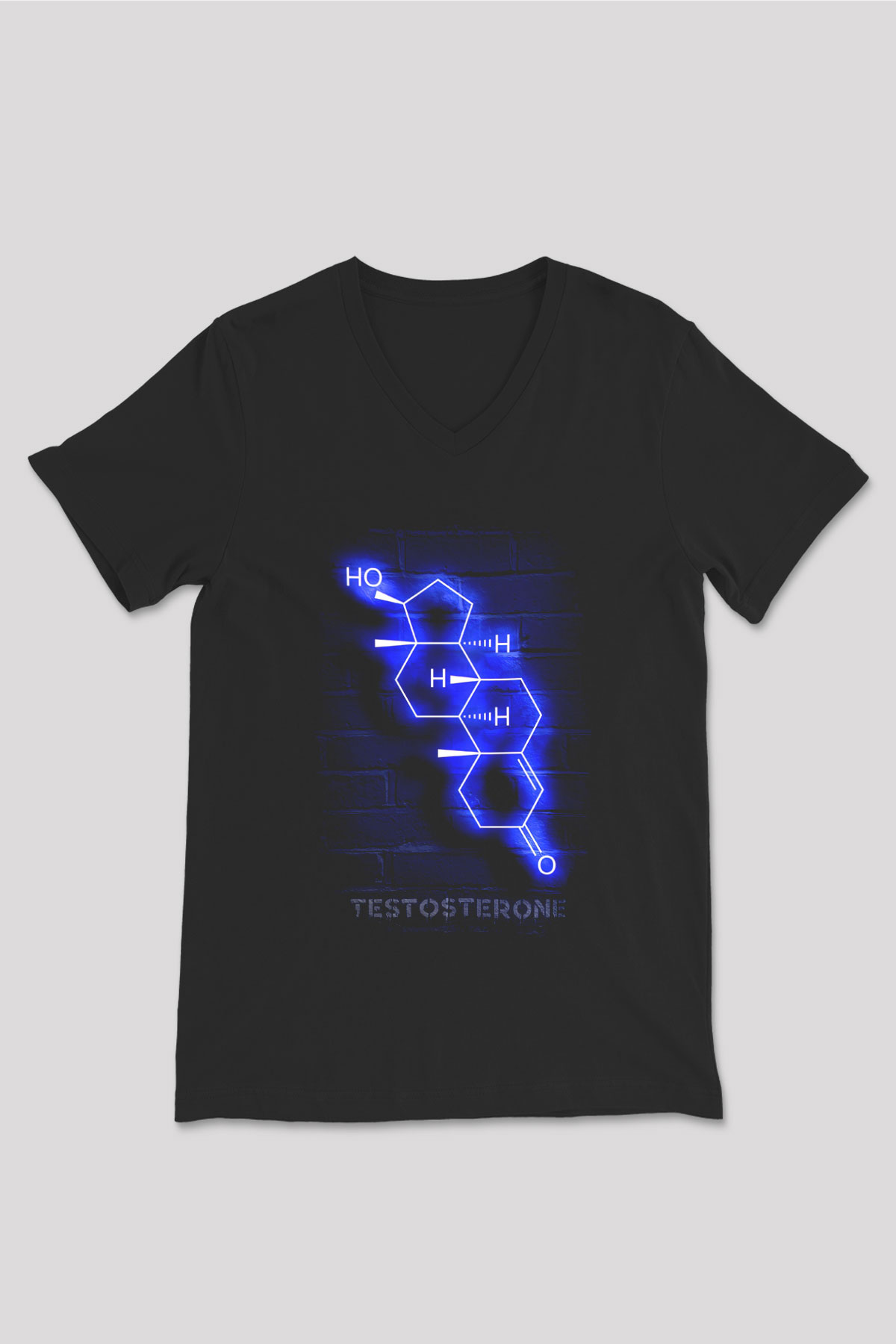 Testosteron Molekülü Neon Baskılı Unisex V Yaka Siyah Tİşört - Tshirt