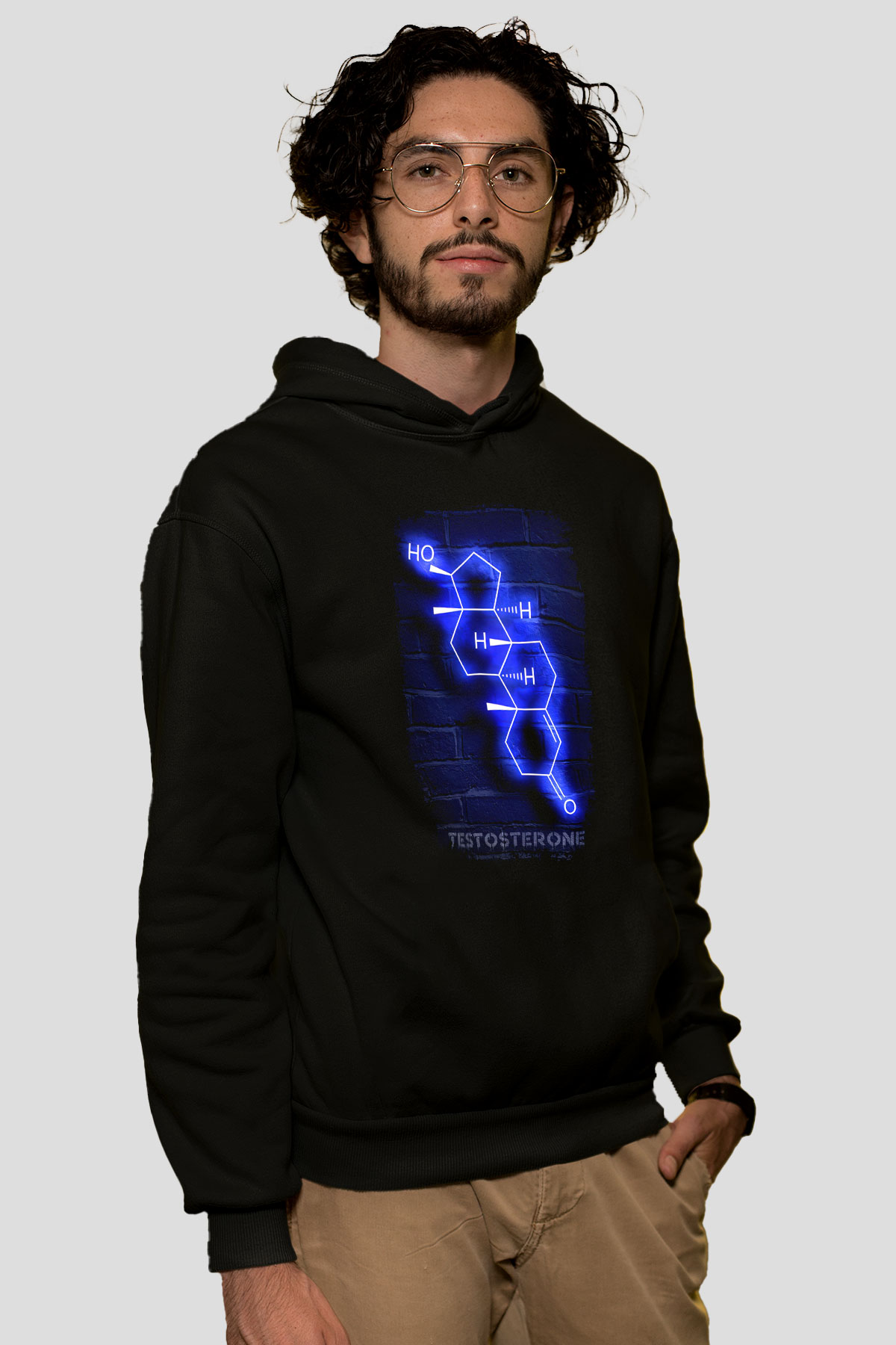 Testosteron Molekülü Neon Baskılı Unisex Siyah Kapüşonlu Sweatshirt