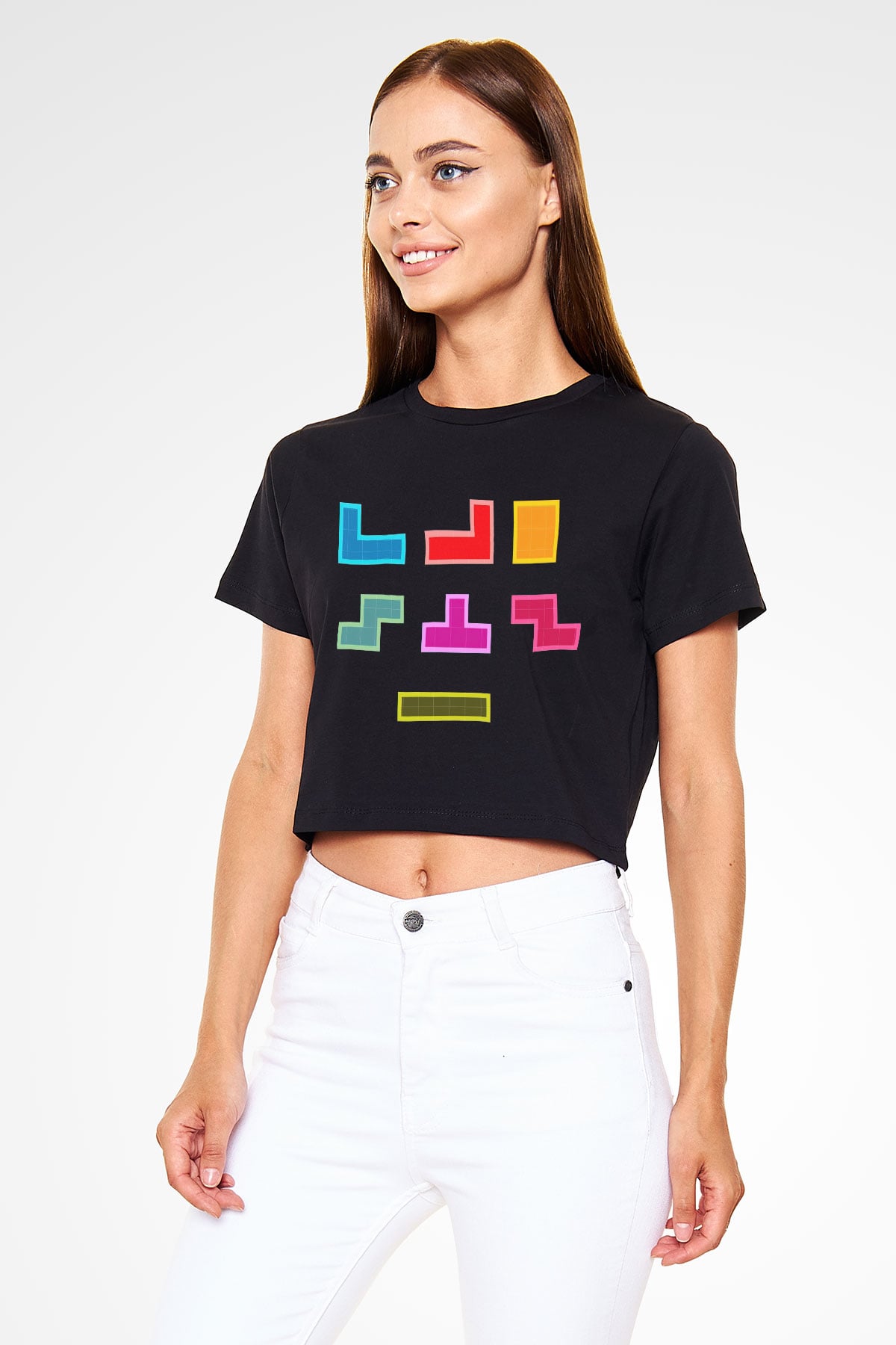 Tetris Siyah Crop Top Tişört