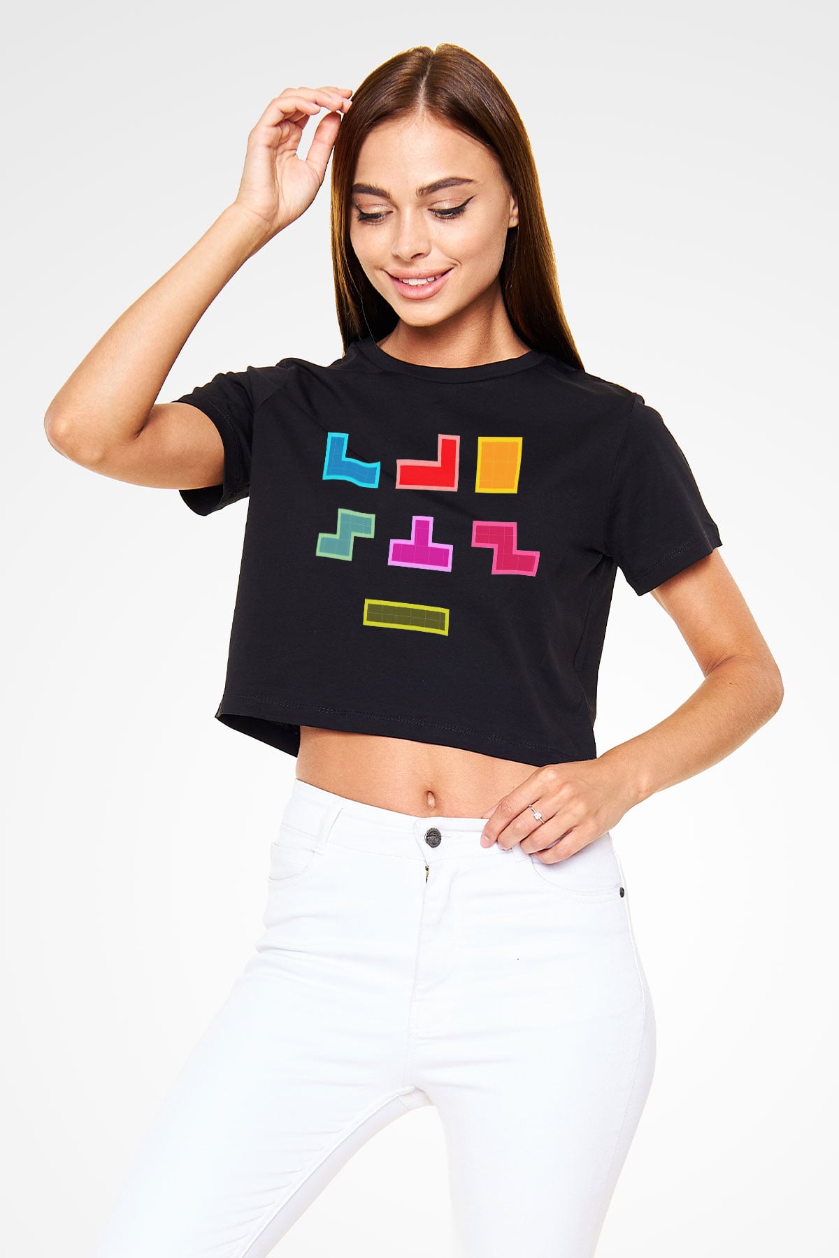 Tetris Siyah Crop Top Tişört