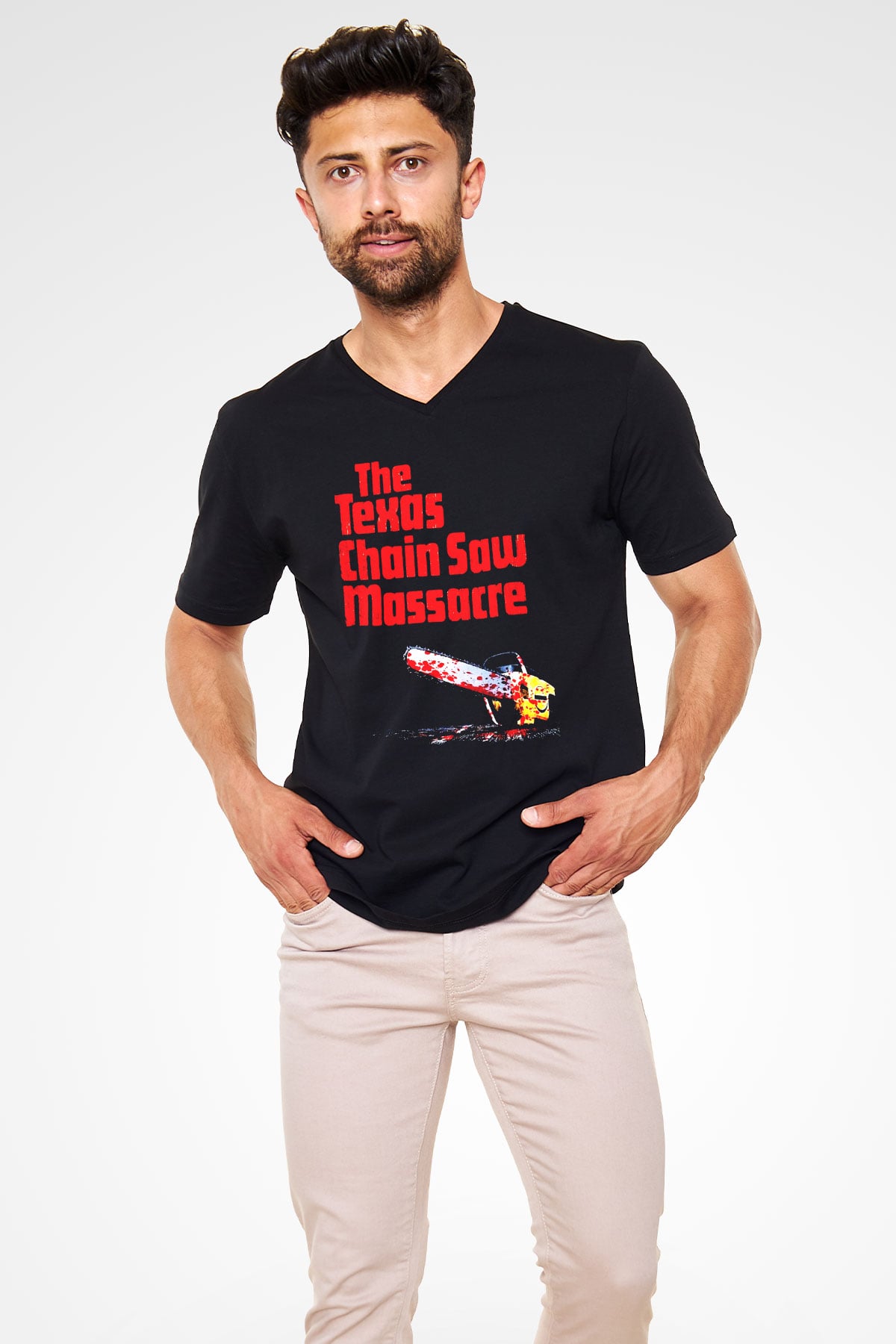 Texas Chain Saw Massacre Siyah Unisex V Yaka Tişört