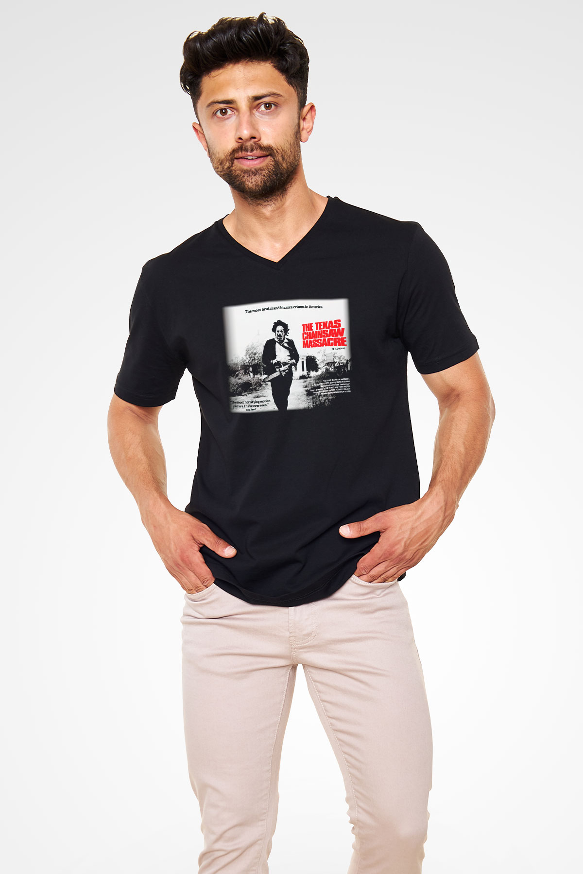 Texas Chain Saw Massacre Siyah Unisex V Yaka Tişört