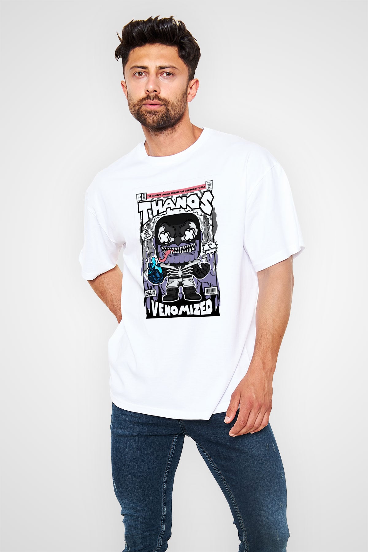 Thanos Venomized Baskılı Unisex Beyaz Oversize Tişört