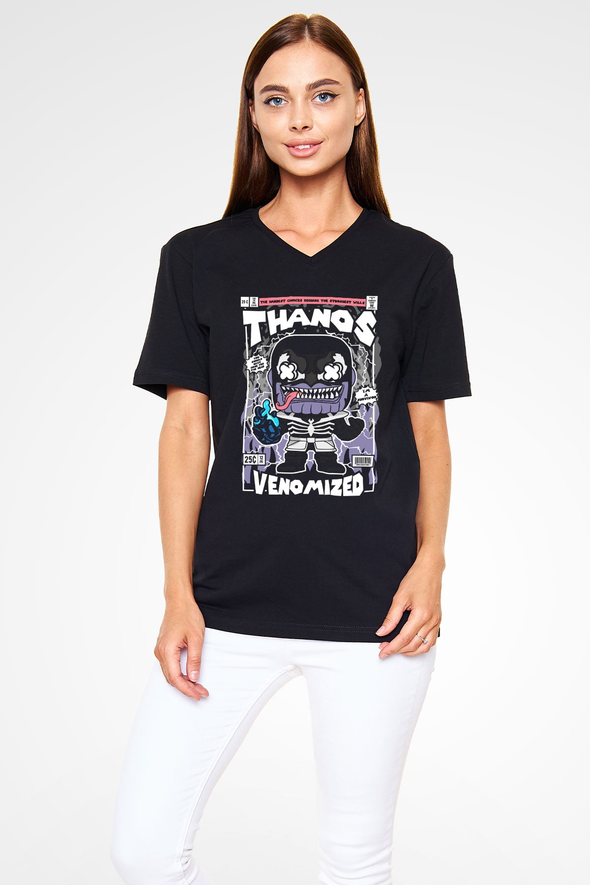 Thanos Venomized Baskılı Unisex Siyah V Yaka Tişört