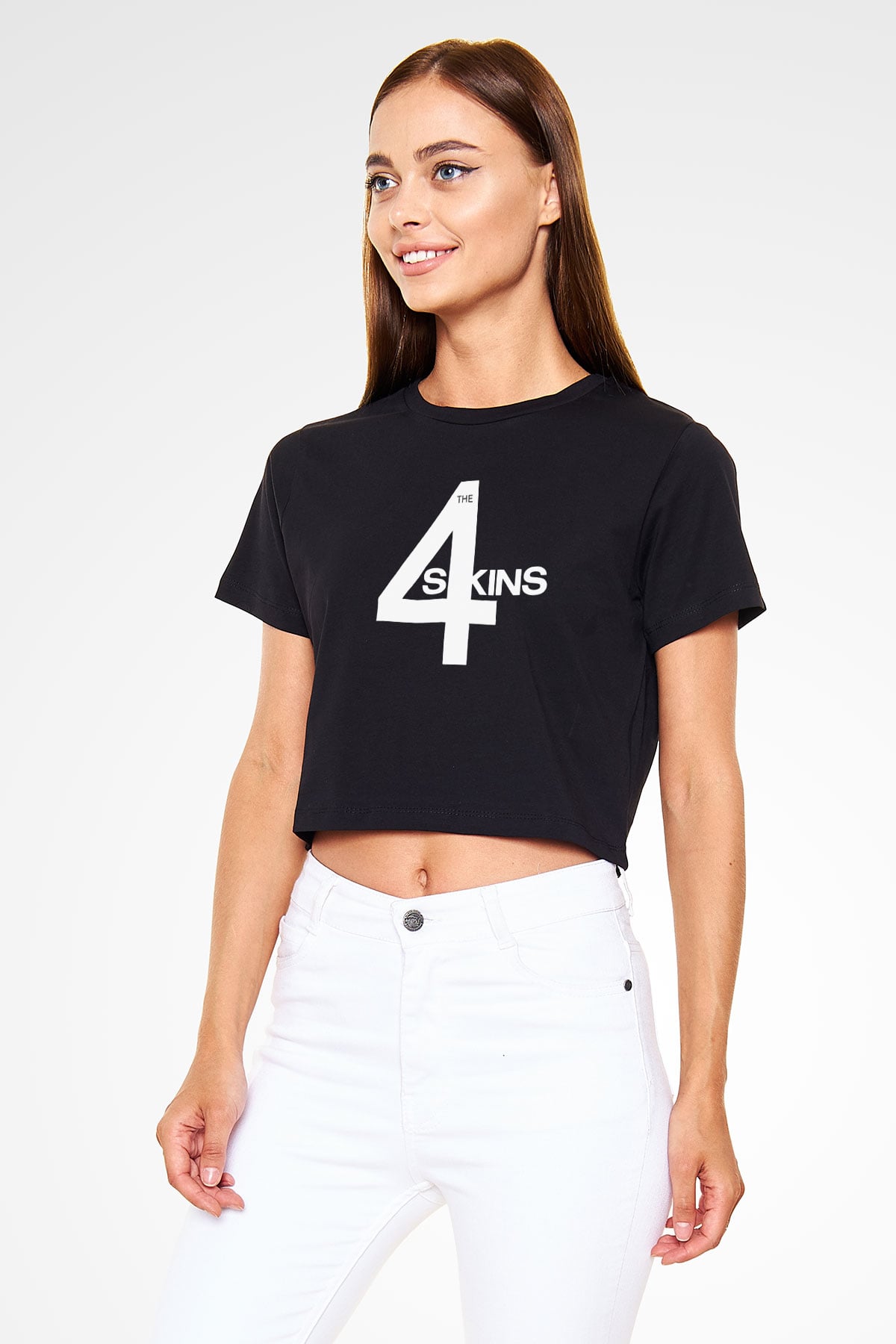The 4 Skins Baskılı Siyah Crop Top Kadın Tişört - Tshirt