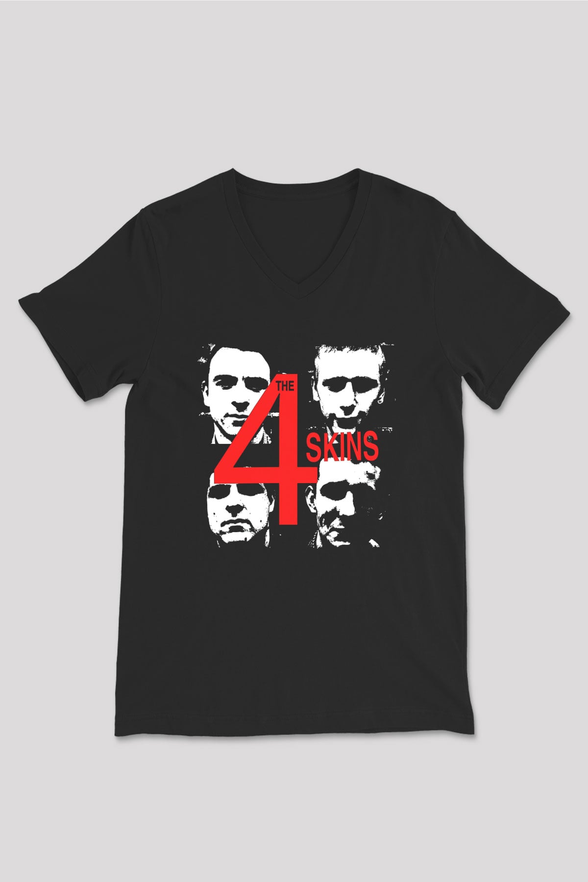 The 4 Skins Baskılı Unisex Siyah V Yaka Tişört - Tshirt
