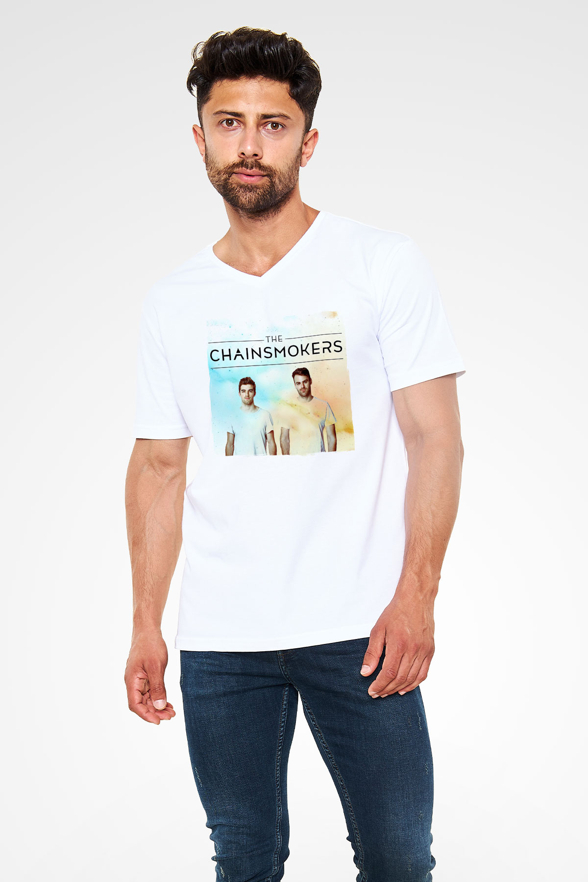 The Chainsmokers Beyaz Unisex V Yaka Tişört