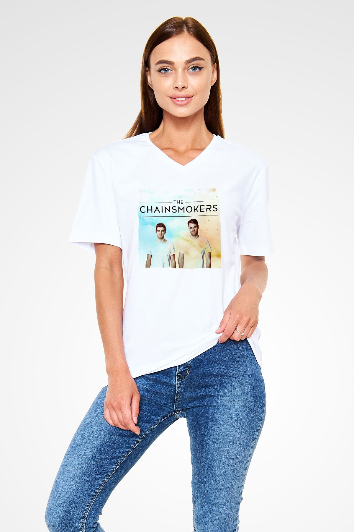 The Chainsmokers Beyaz Unisex V Yaka Tişört