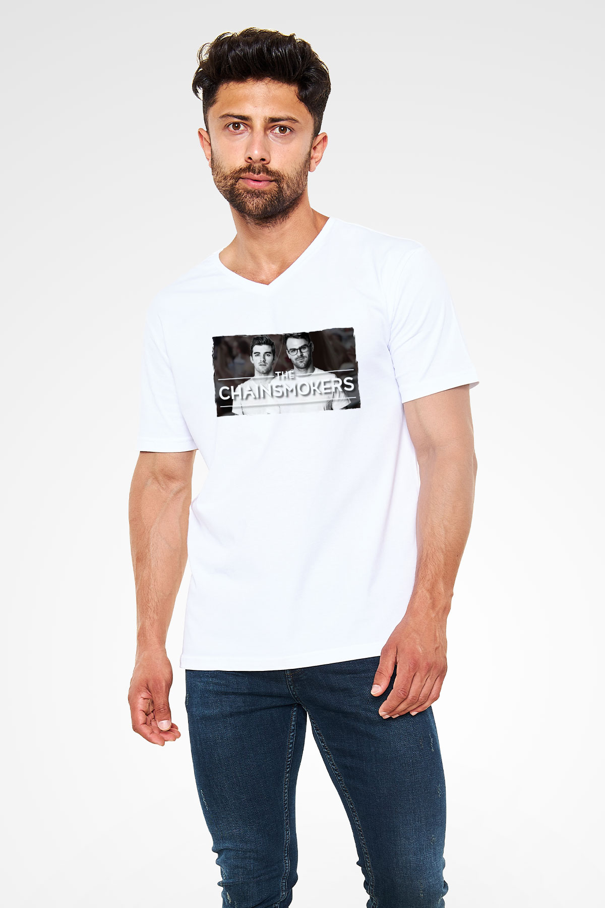 The Chainsmokers Beyaz Unisex V Yaka Tişört
