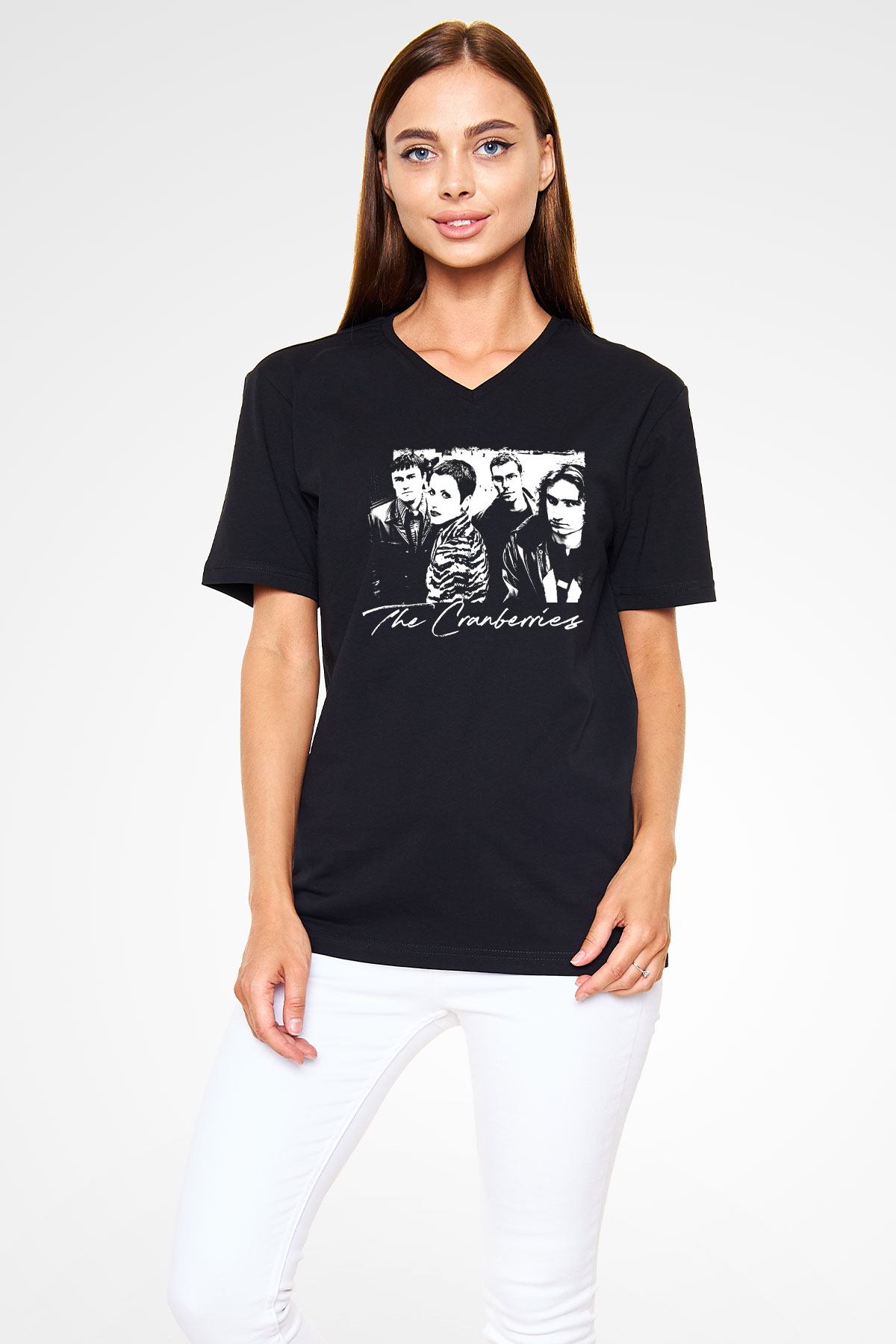 The Cranberries Baskılı Unisex Siyah V Yaka Tişört - Tshirt