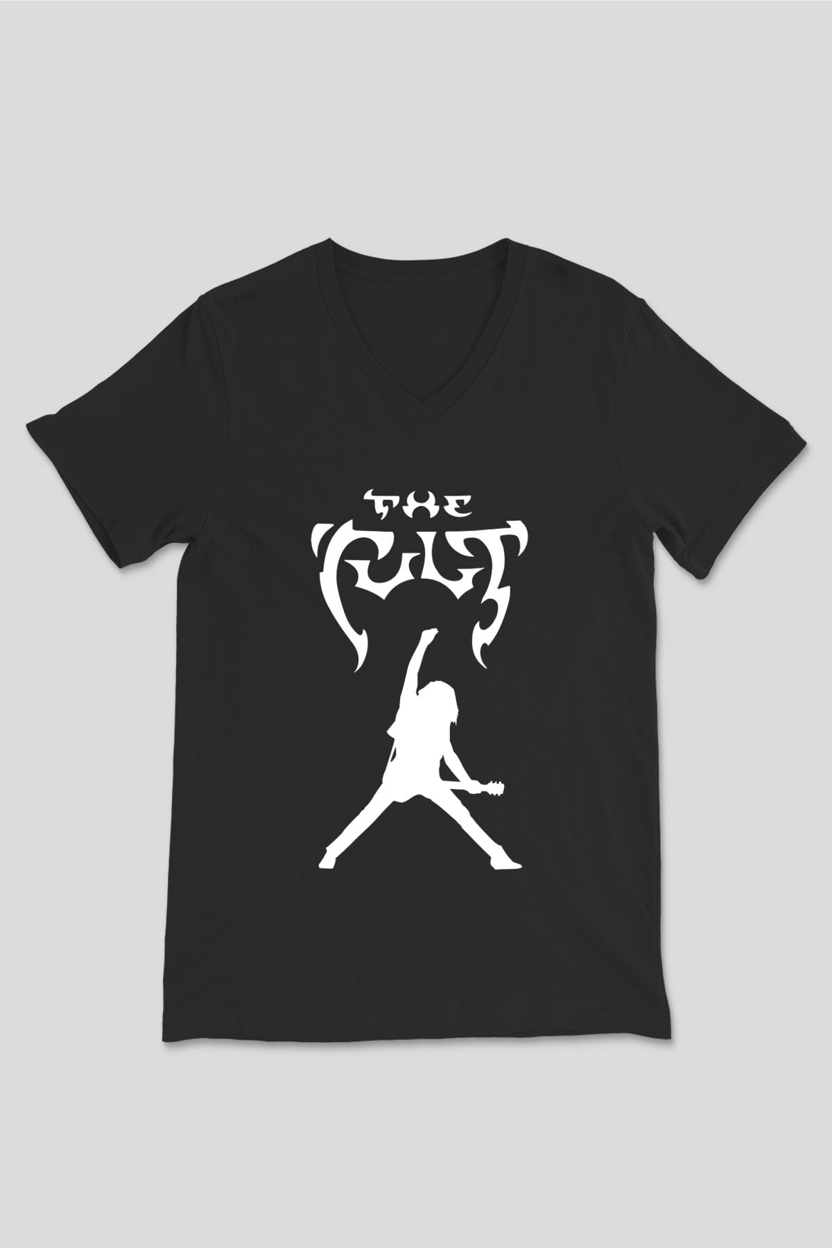 The Cult Baskılı Unisex Siyah V Yaka Tişört - Tshirt