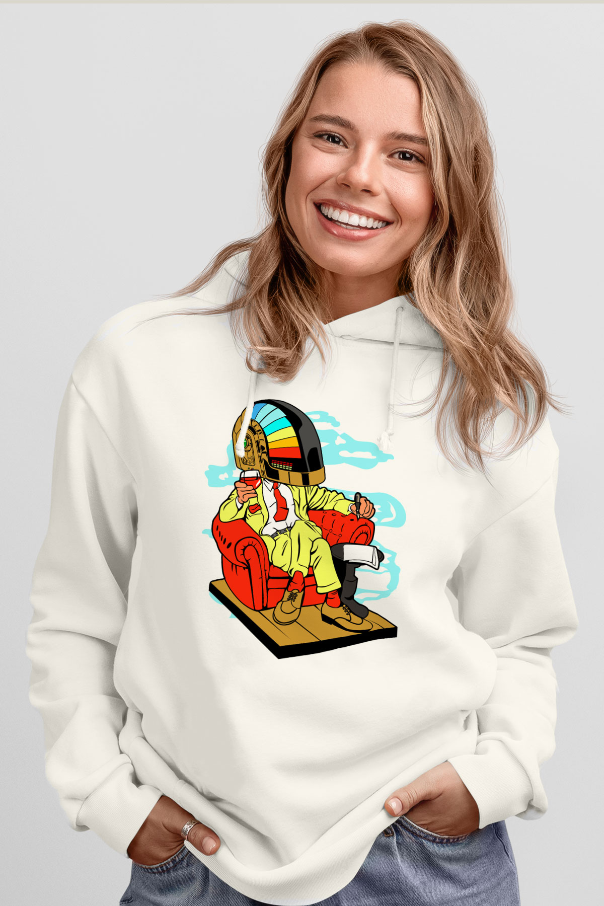 The Daft Punk Boss Baskılı Unisex Beyaz Hoodie
