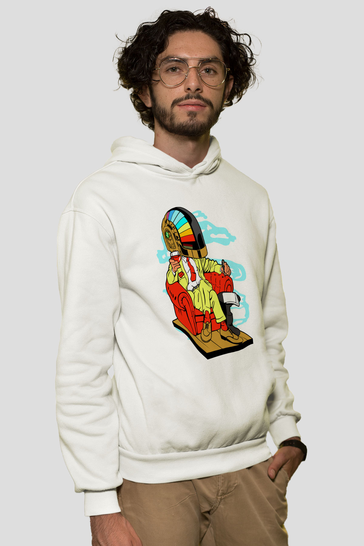 The Daft Punk Boss Baskılı Unisex Beyaz Hoodie