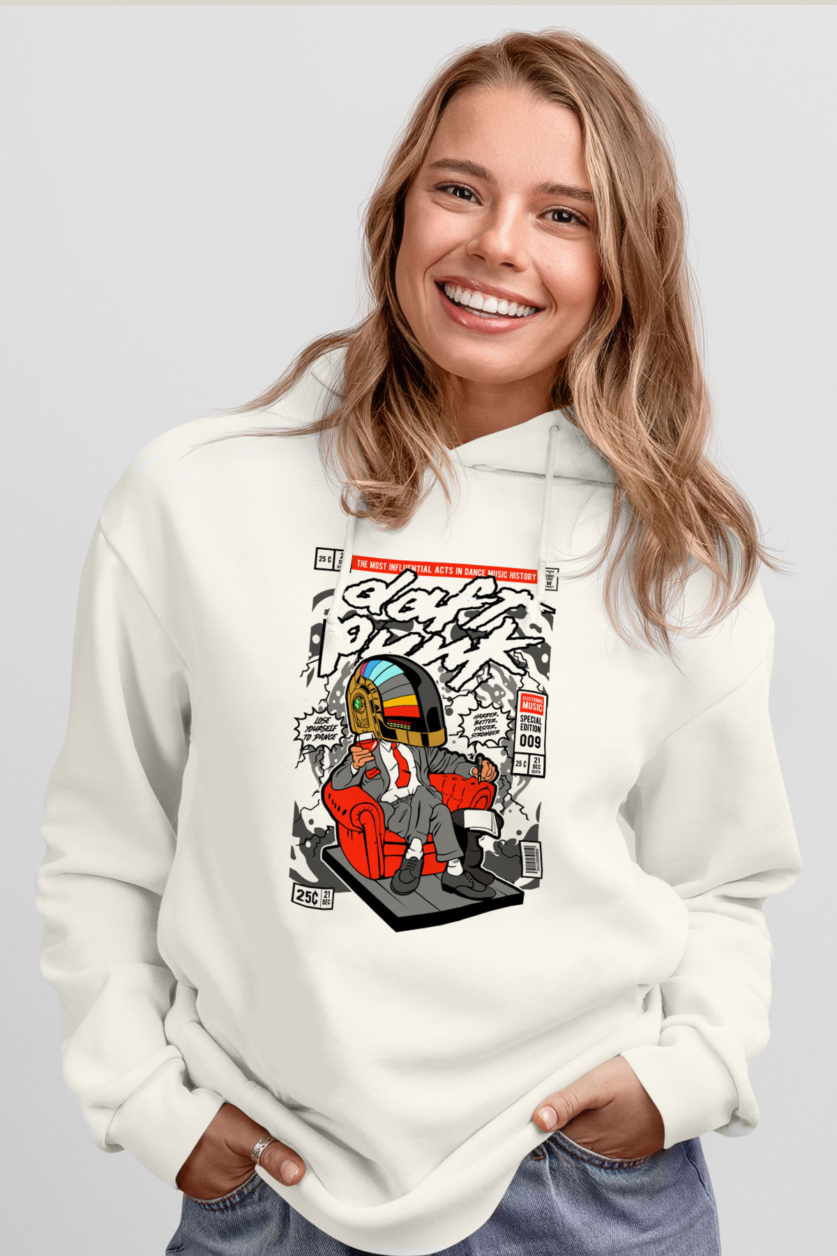The Daft Punk Boss Baskılı Unisex Beyaz Hoodie