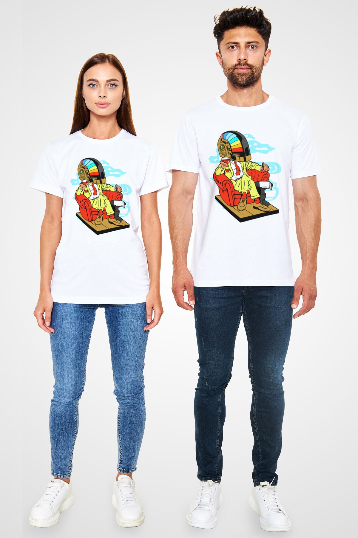 The Daft Punk Boss Baskılı Unisex Beyaz Tişört