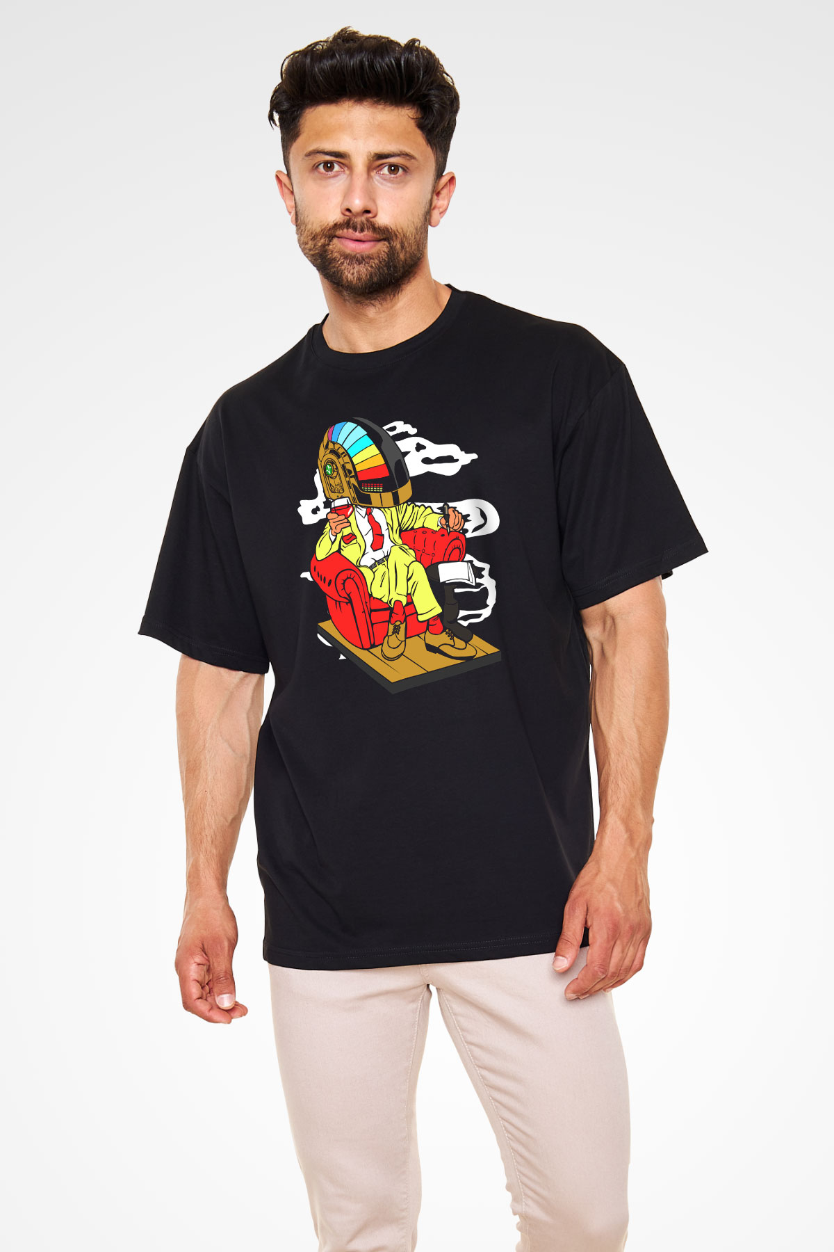 The Daft Punk Boss Baskılı Unisex Siyah Oversize Tişört