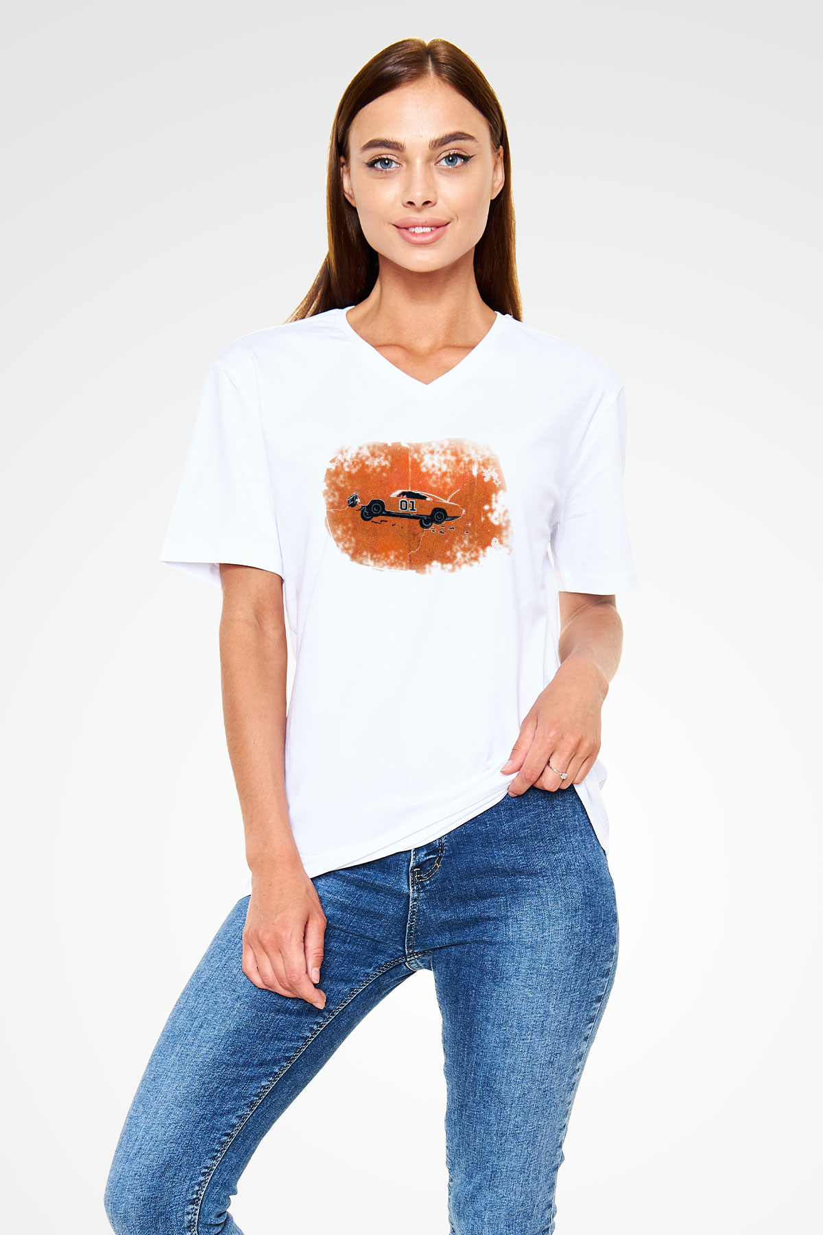 The Dukes of Hazzard Beyaz Unisex V Yaka Tişört