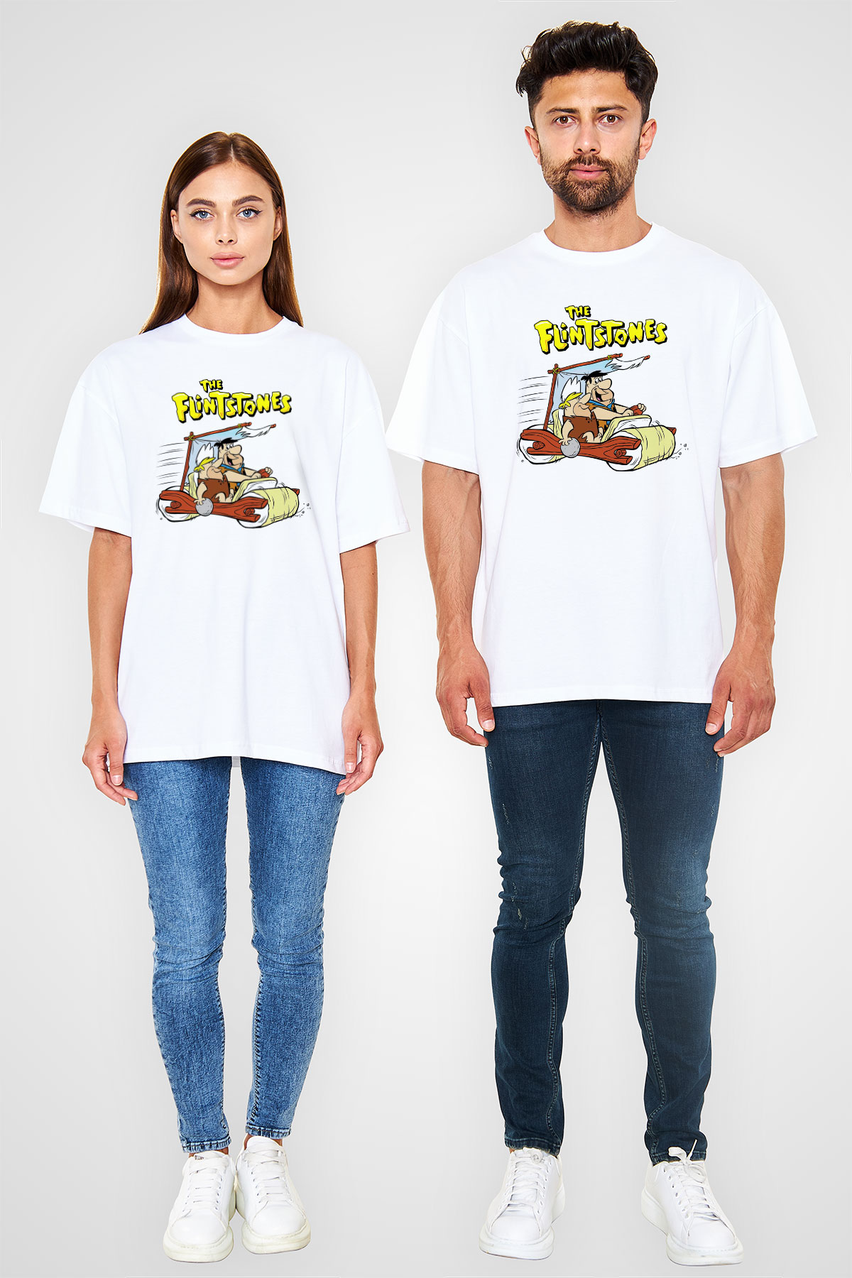 The Flintstones Taş Devri Beyaz Unisex Oversize Tişört