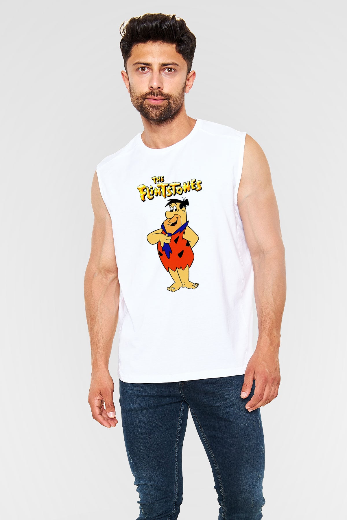 The Flintstones Taş Devri Beyaz Unisex  Kolsuz Tişört