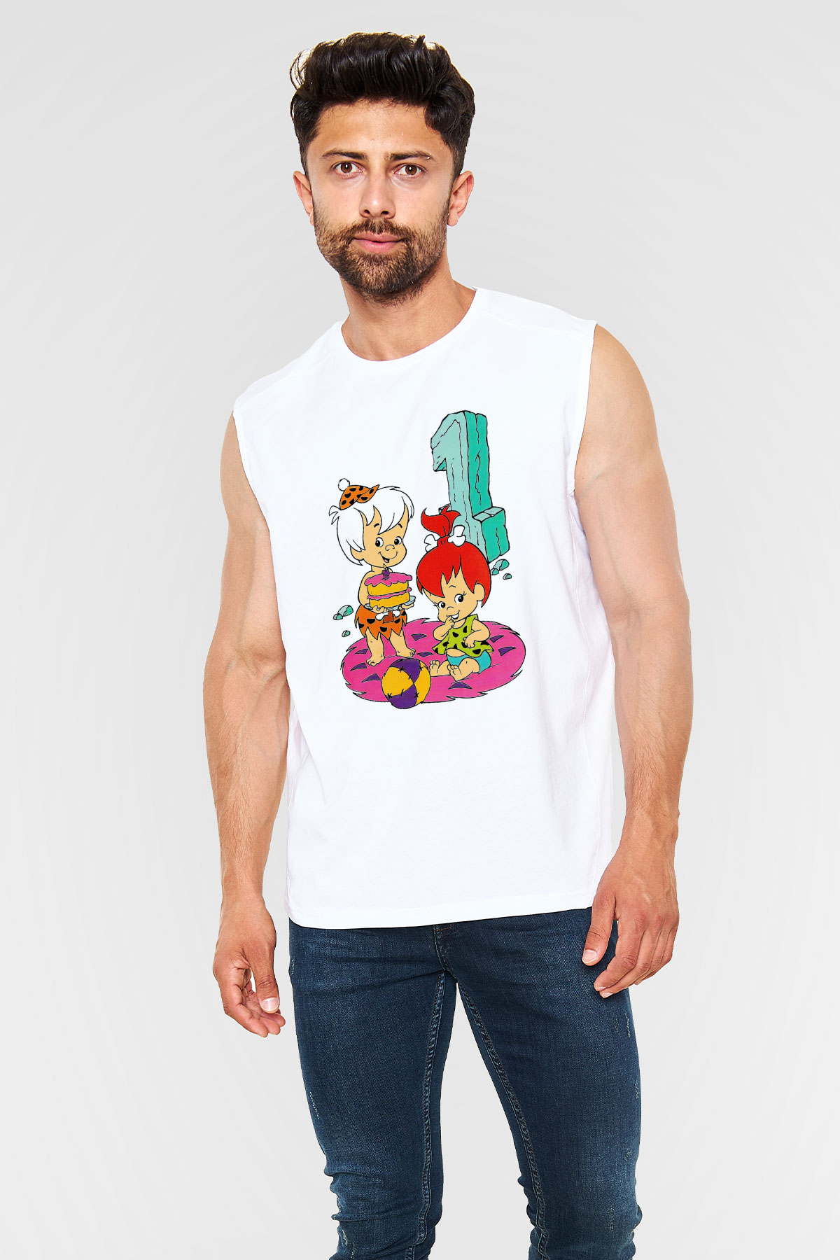 The Flintstones Taş Devri Beyaz Unisex Kolsuz Tişört
