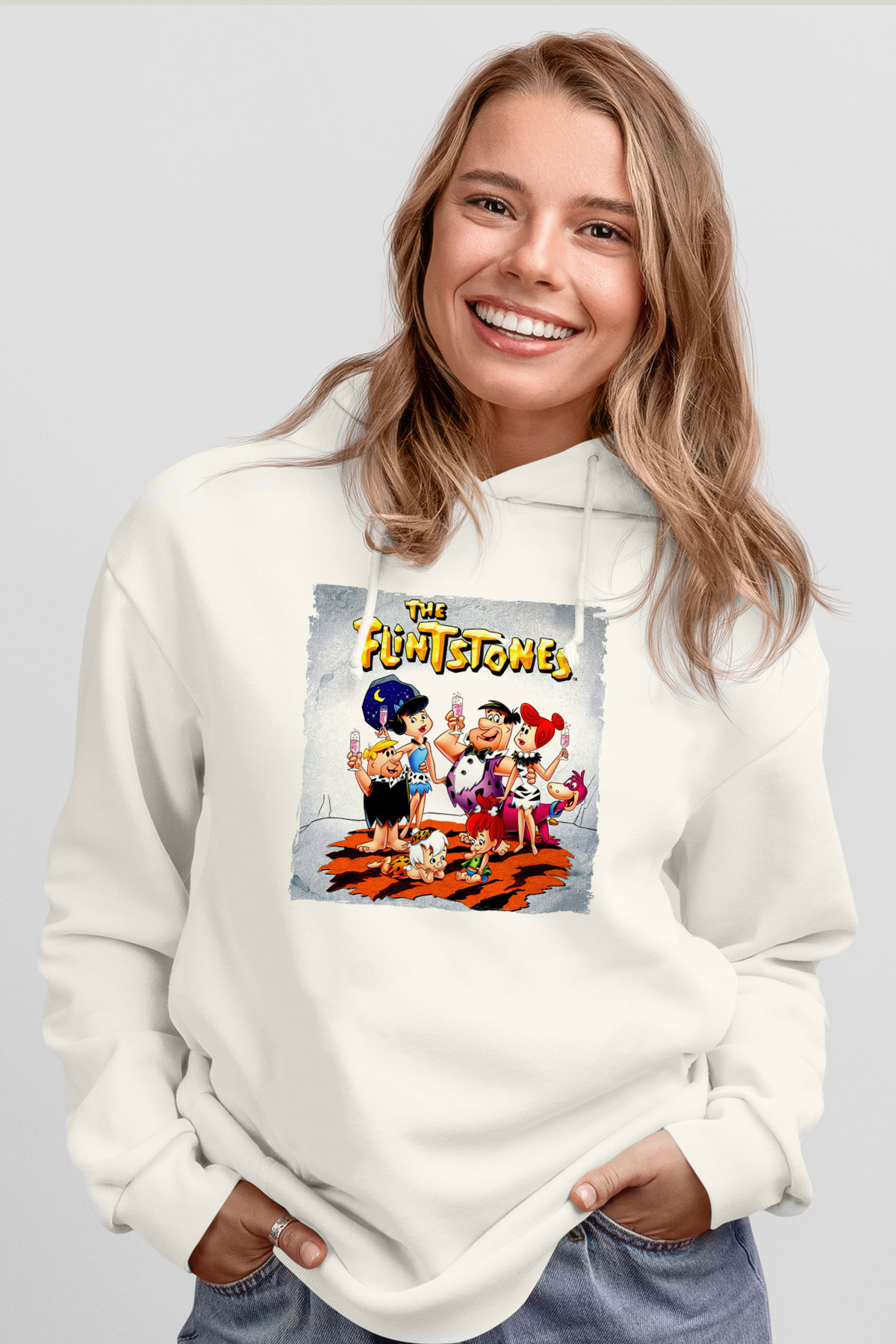The Flintstones Taş Devri Beyaz Unisex Hoodie