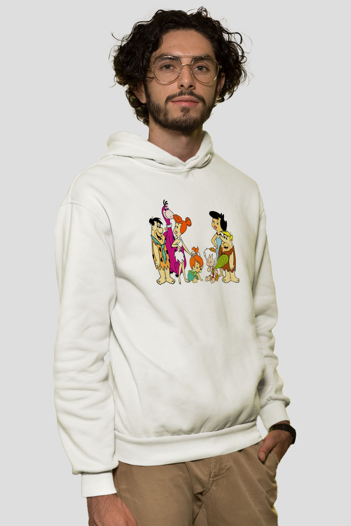 The Flintstones Taş Devri Beyaz Unisex Kapşonlu Sweatshirt