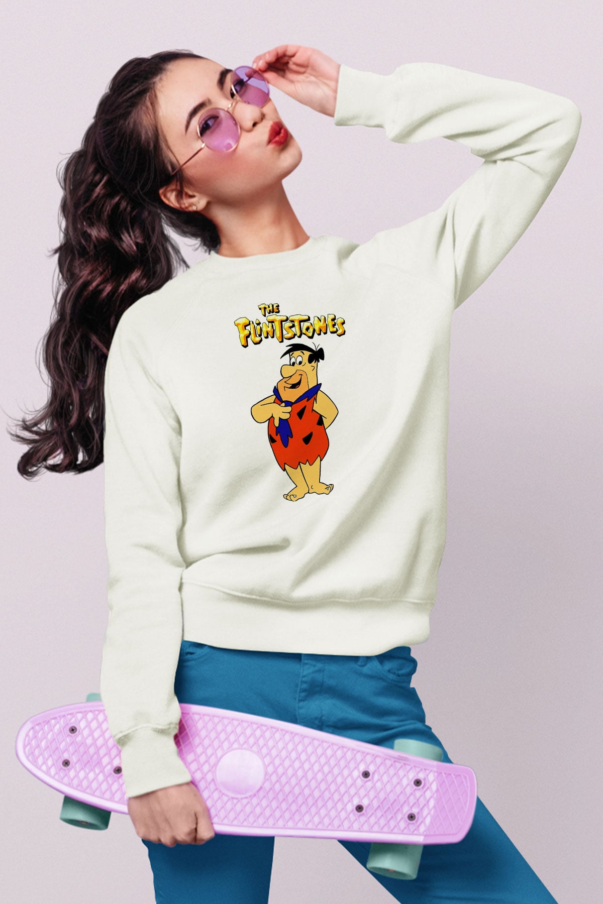 The Flintstones Taş Devri Beyaz Unisex  Sweatshirt