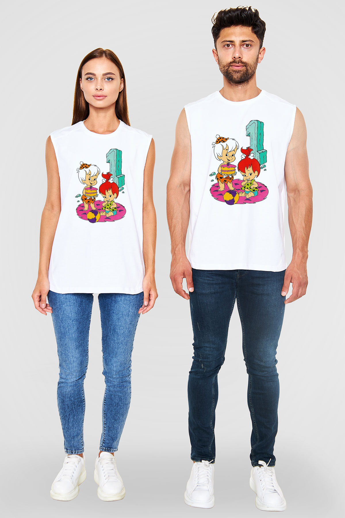 The Flintstones Taş Devri Beyaz Unisex Kolsuz Tişört