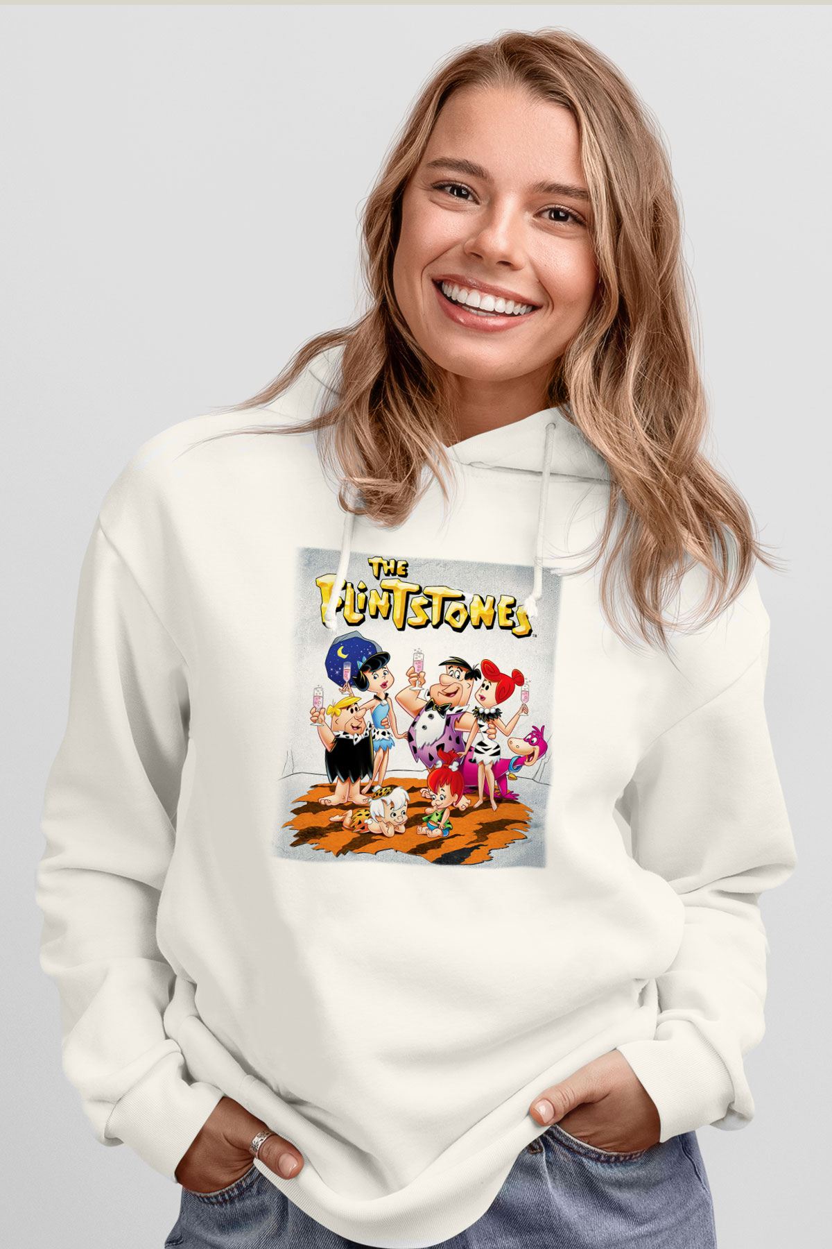 The Flintstones Taş Devri Beyaz Unisex Kapşonlu Sweatshirt