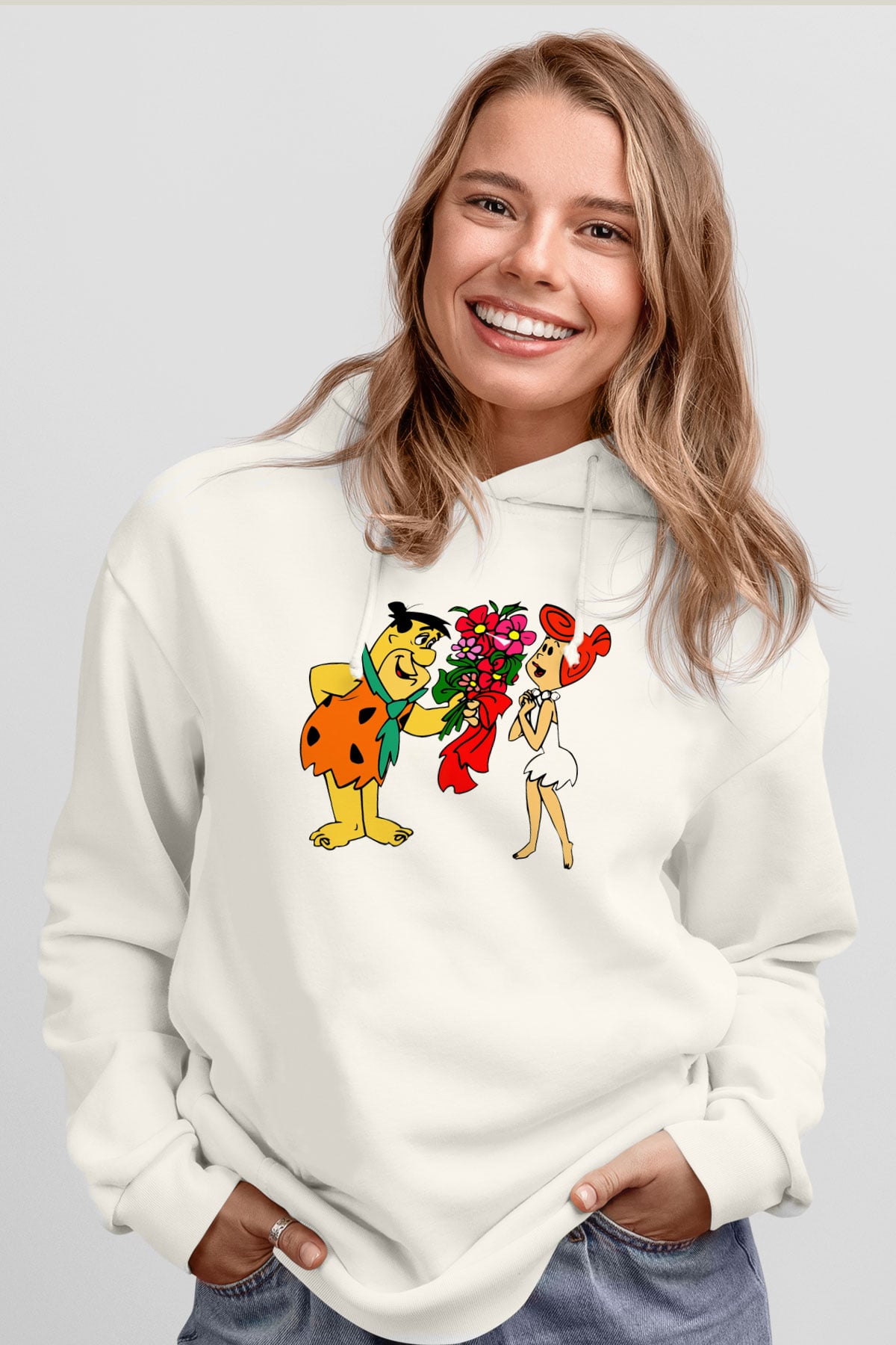 The Flintstones Taş Devri Beyaz Unisex Hoodie