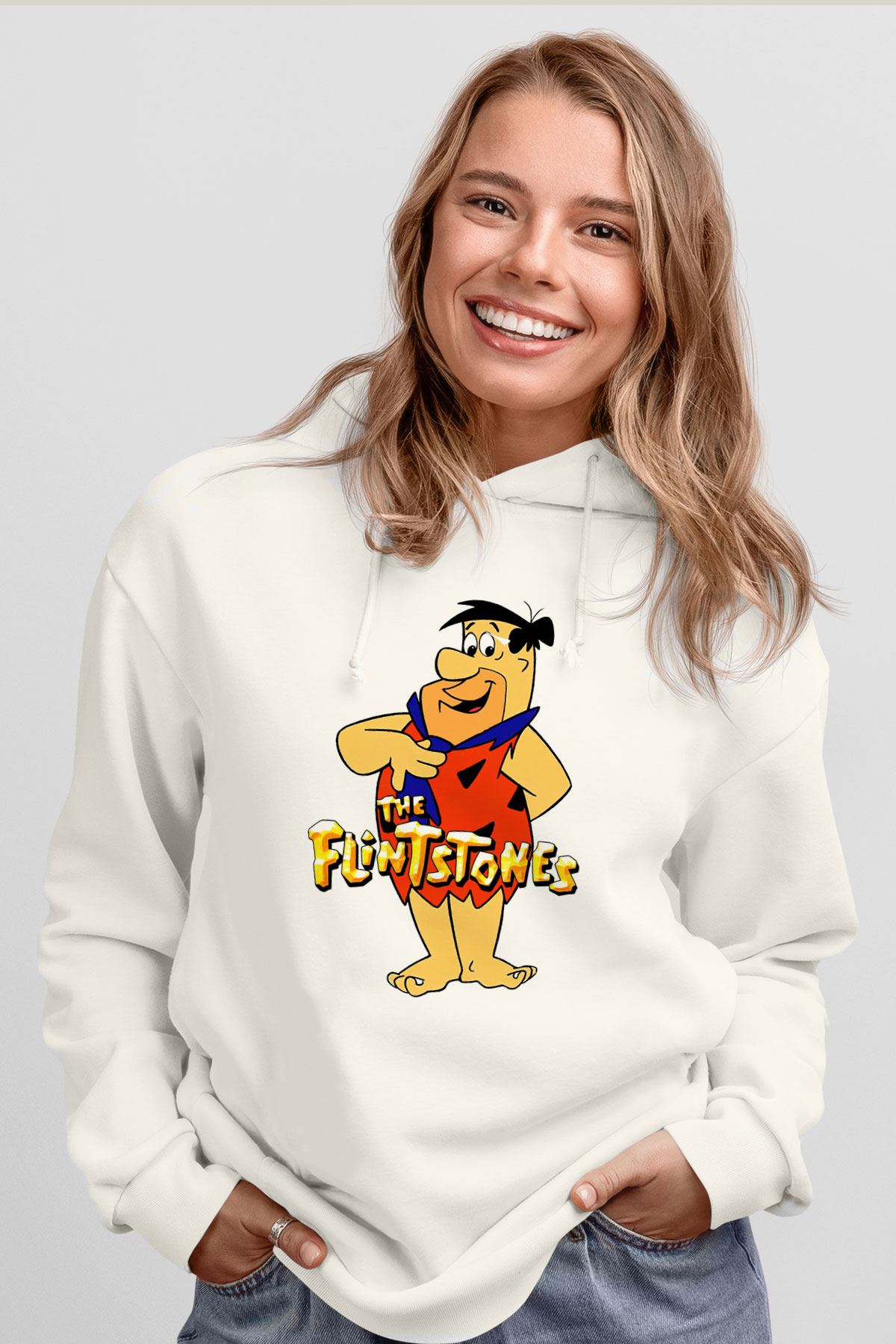 The Flintstones Taş Devri Beyaz Unisex Hoodie