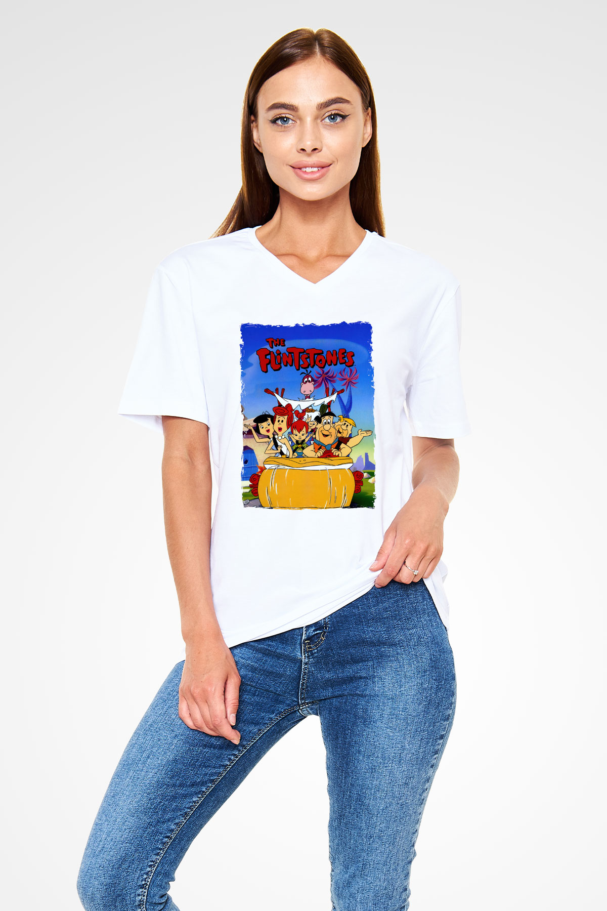 The Flintstones Taş Devri Beyaz Unisex  V Yaka Tişört