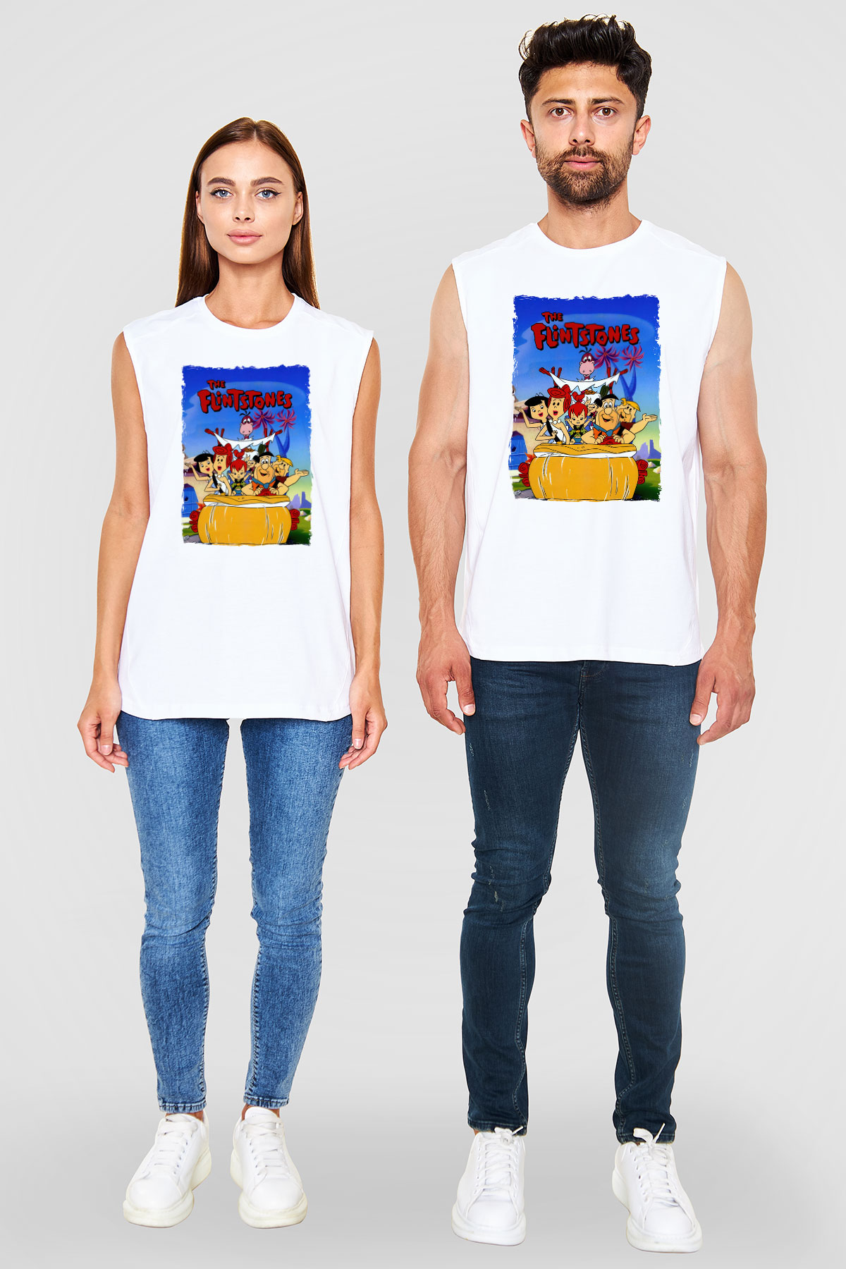 The Flintstones Taş Devri Beyaz Unisex  Kolsuz Tişört