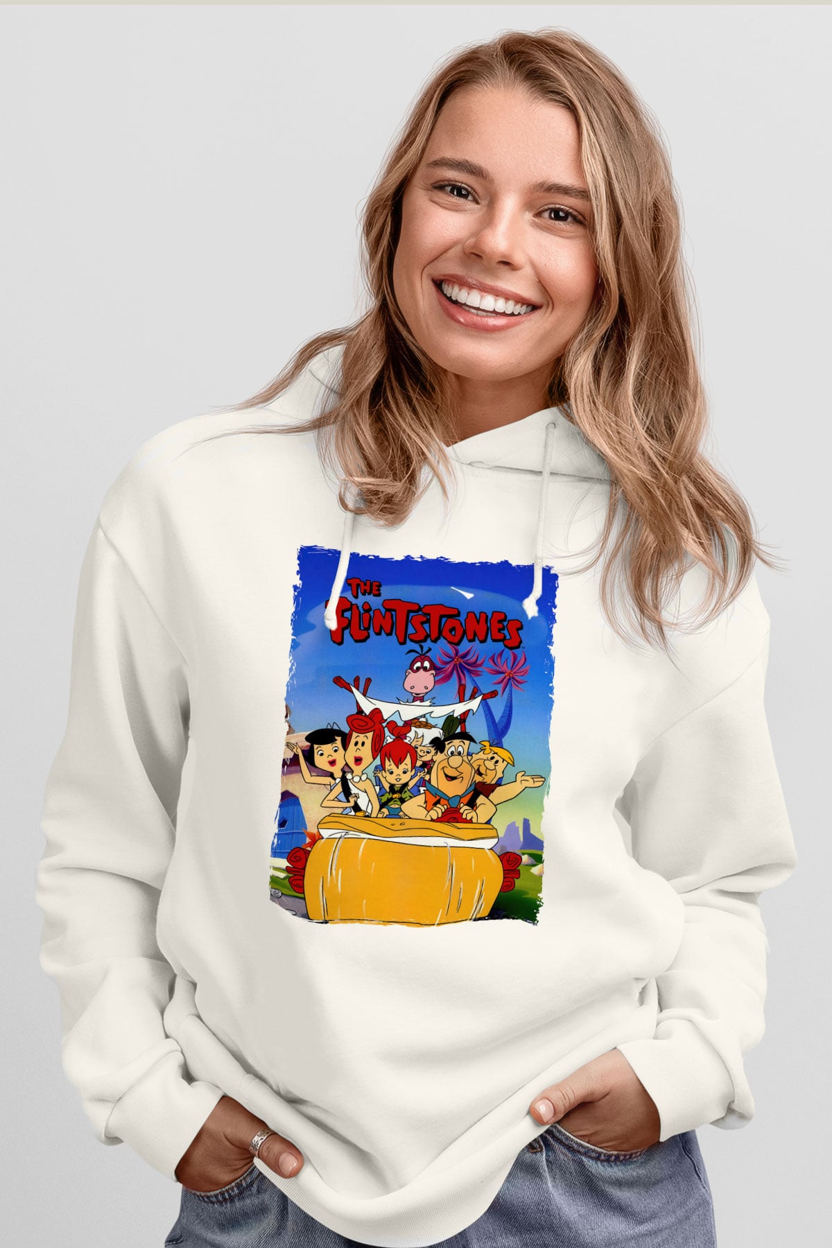 The Flintstones Taş Devri Beyaz Unisex Hoodie