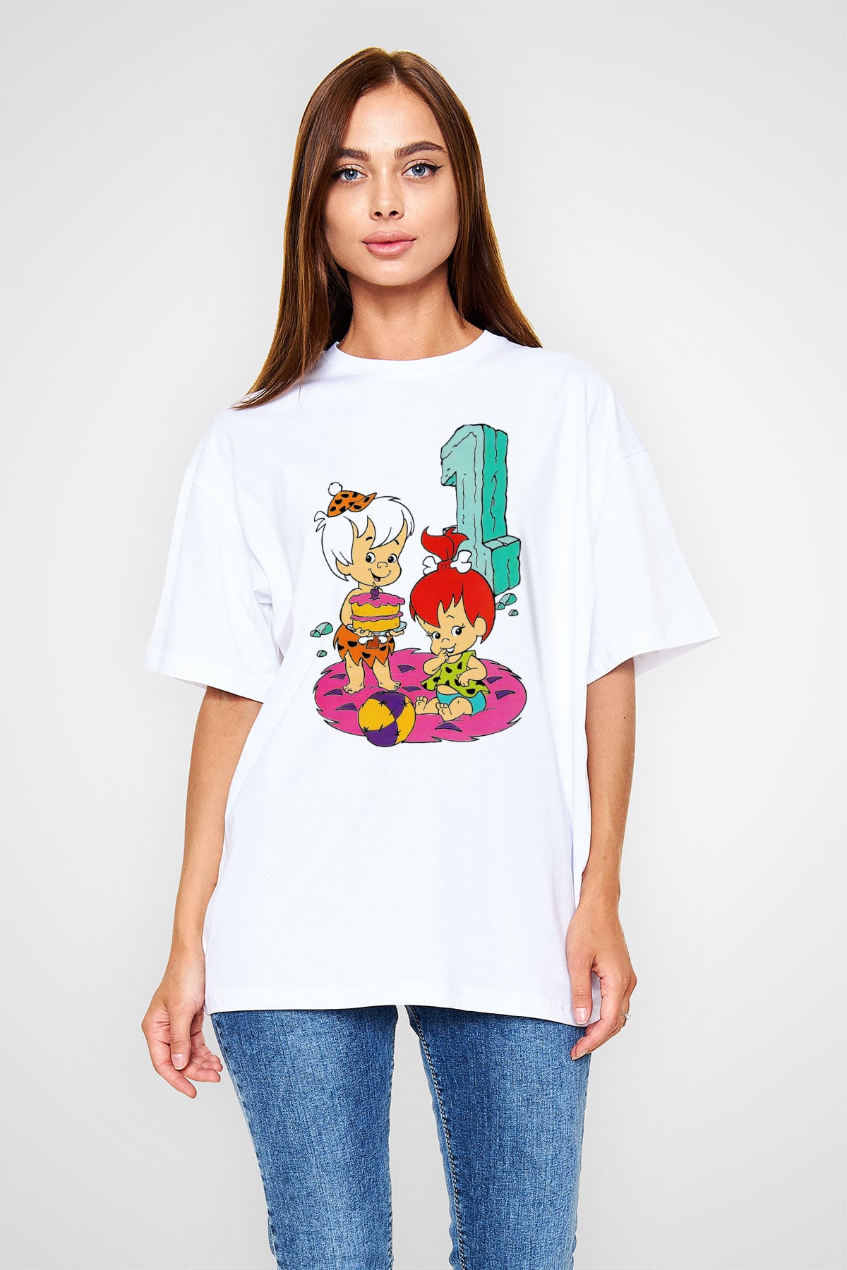 The Flintstones Taş Devri Beyaz Unisex Oversize Tişört