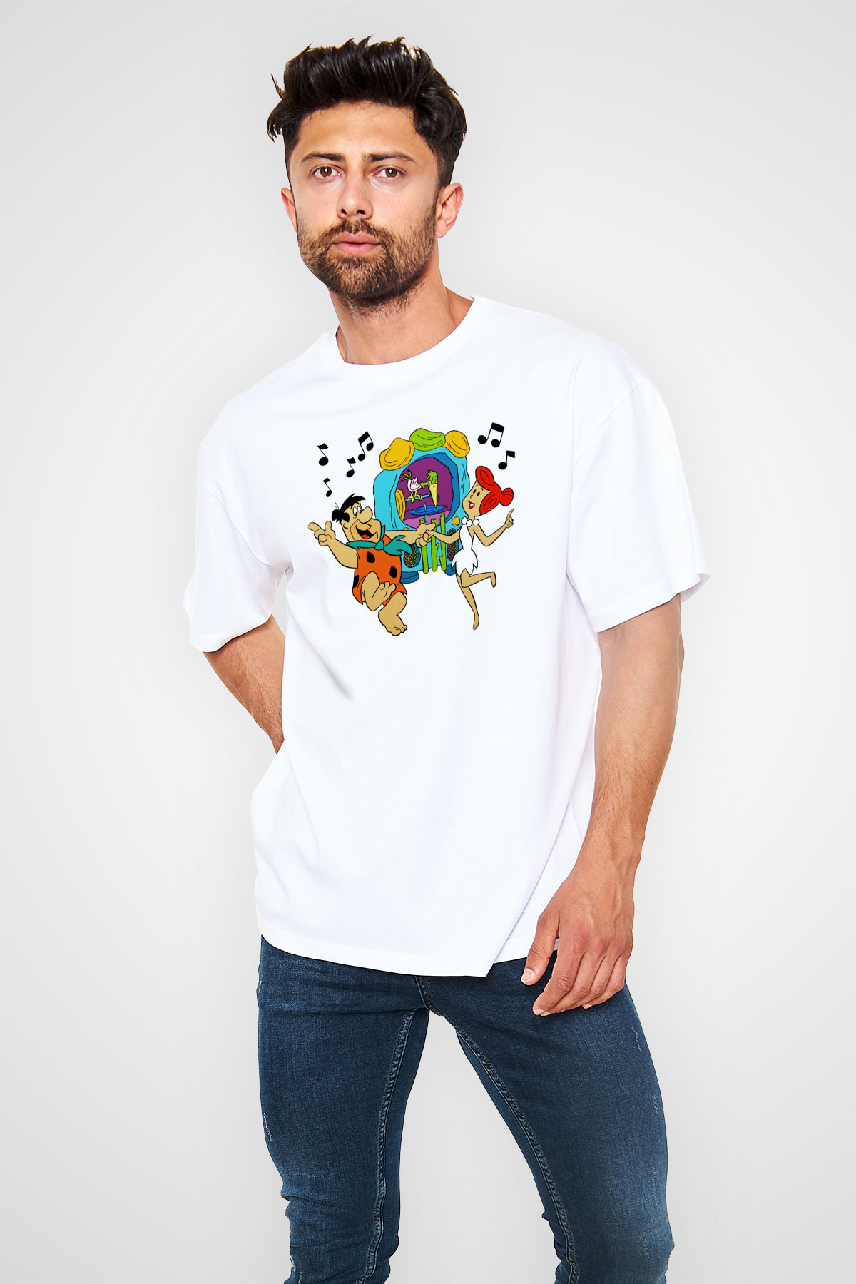 The Flintstones Taş Devri Beyaz Unisex Oversize Tişört