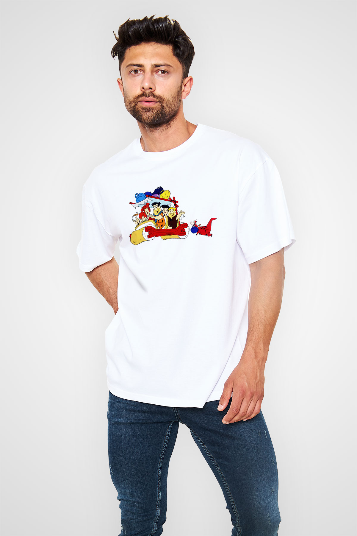 The Flintstones Taş Devri Beyaz Unisex Oversize Tişört