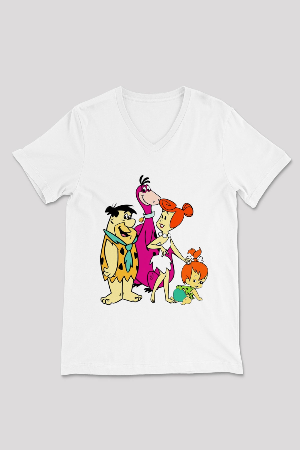 The Flintstones Taş Devri Beyaz Unisex V Yaka Tişört