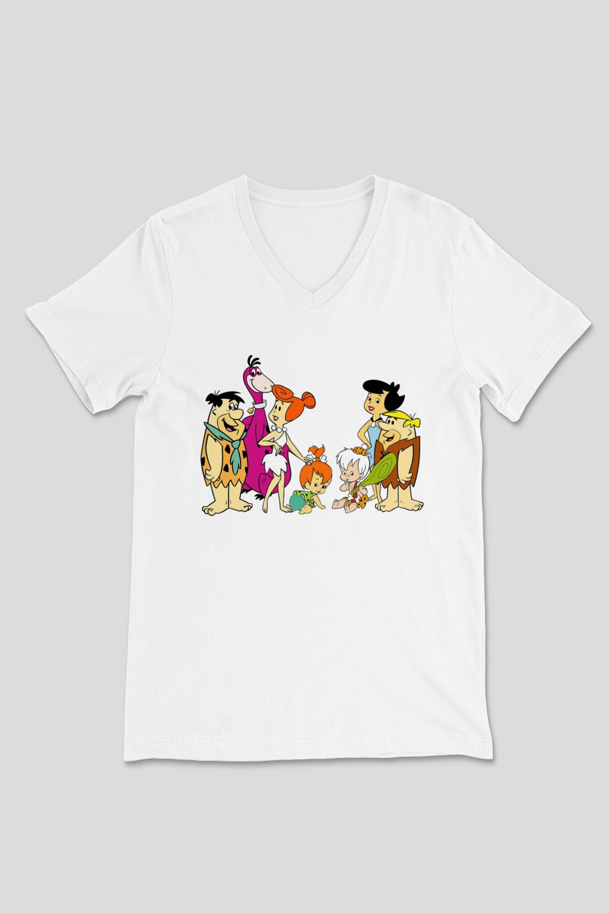 The Flintstones Taş Devri Beyaz Unisex V Yaka Tişört