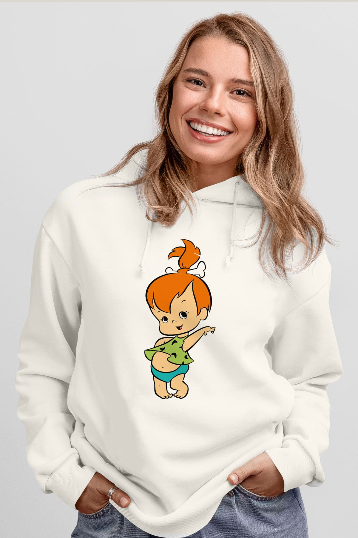 The Flintstones Taş Devri Beyaz Unisex Kapşonlu Sweatshirt
