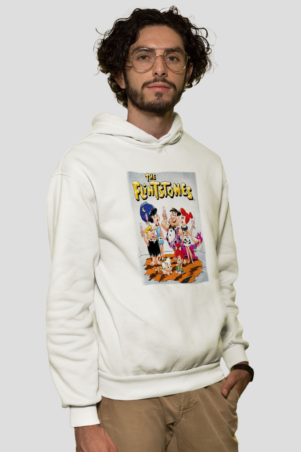 The Flintstones Taş Devri Beyaz Unisex Kapşonlu Sweatshirt