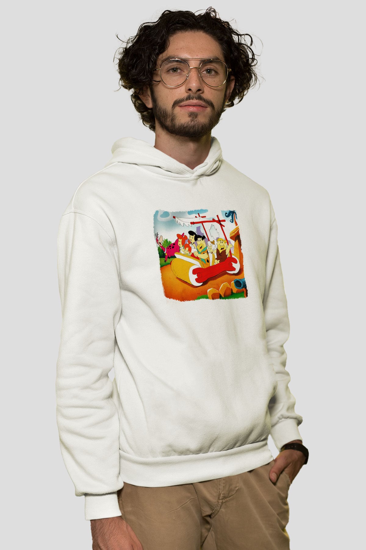 The Flintstones Taş Devri Beyaz Unisex Kapşonlu Sweatshirt