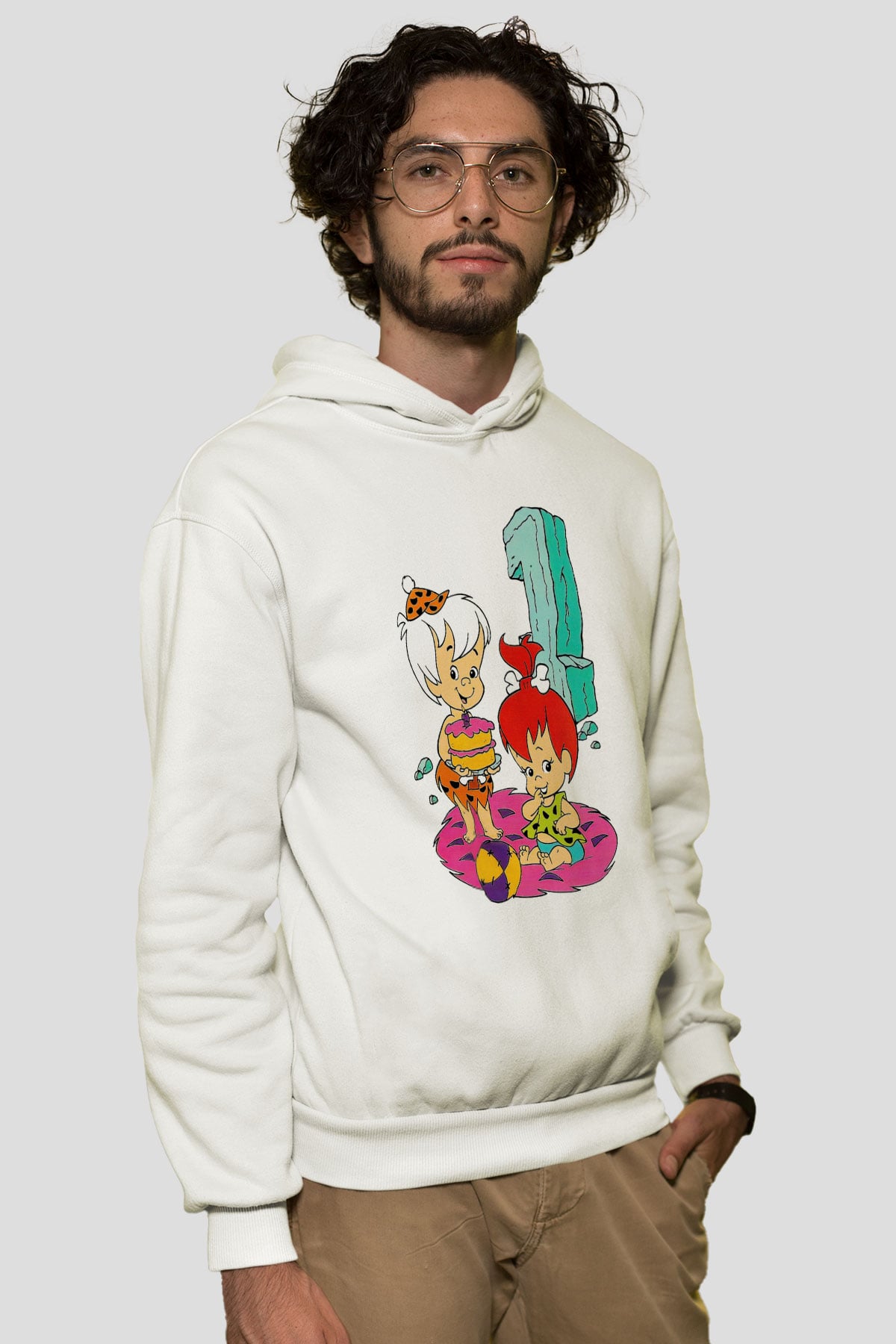 The Flintstones Taş Devri Beyaz Unisex Kapşonlu Sweatshirt