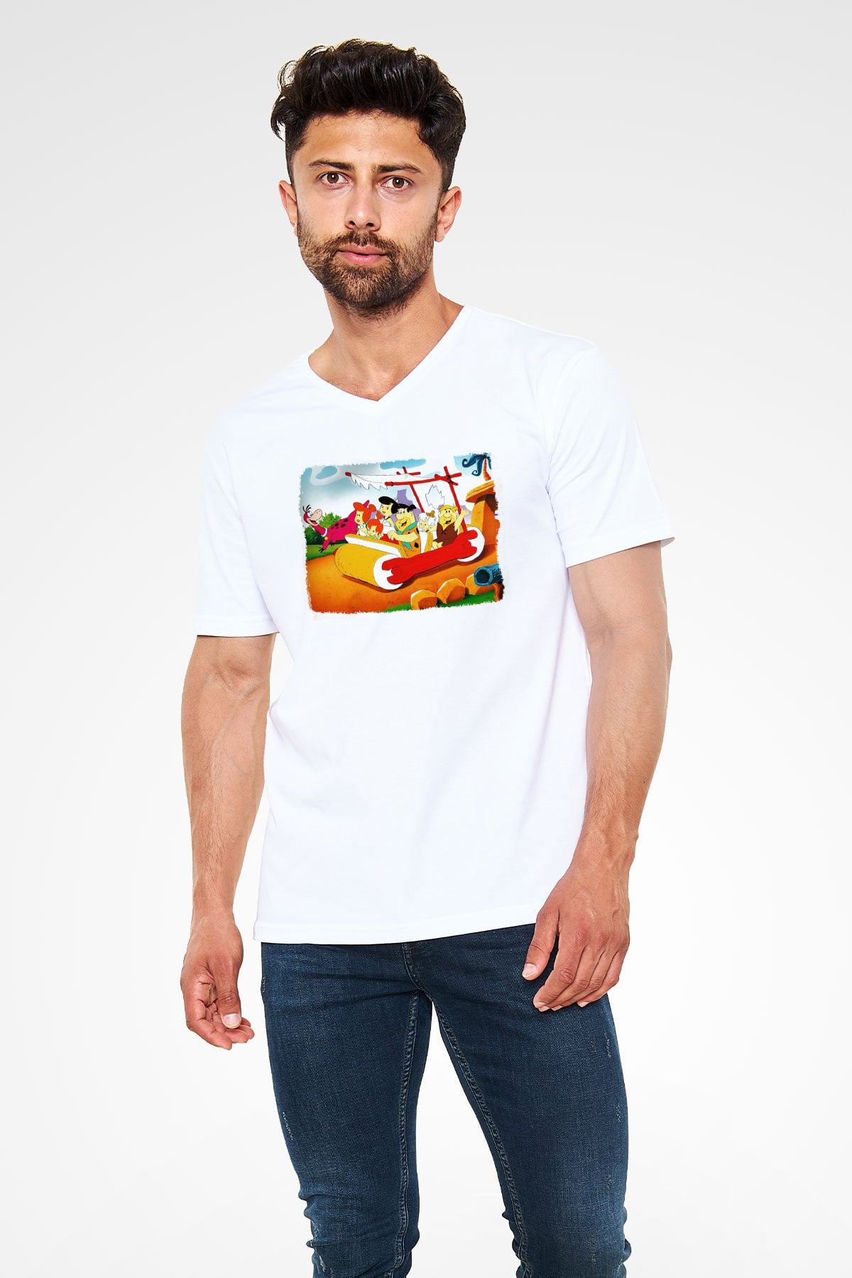 The Flintstones Taş Devri Beyaz Unisex V Yaka Tişört